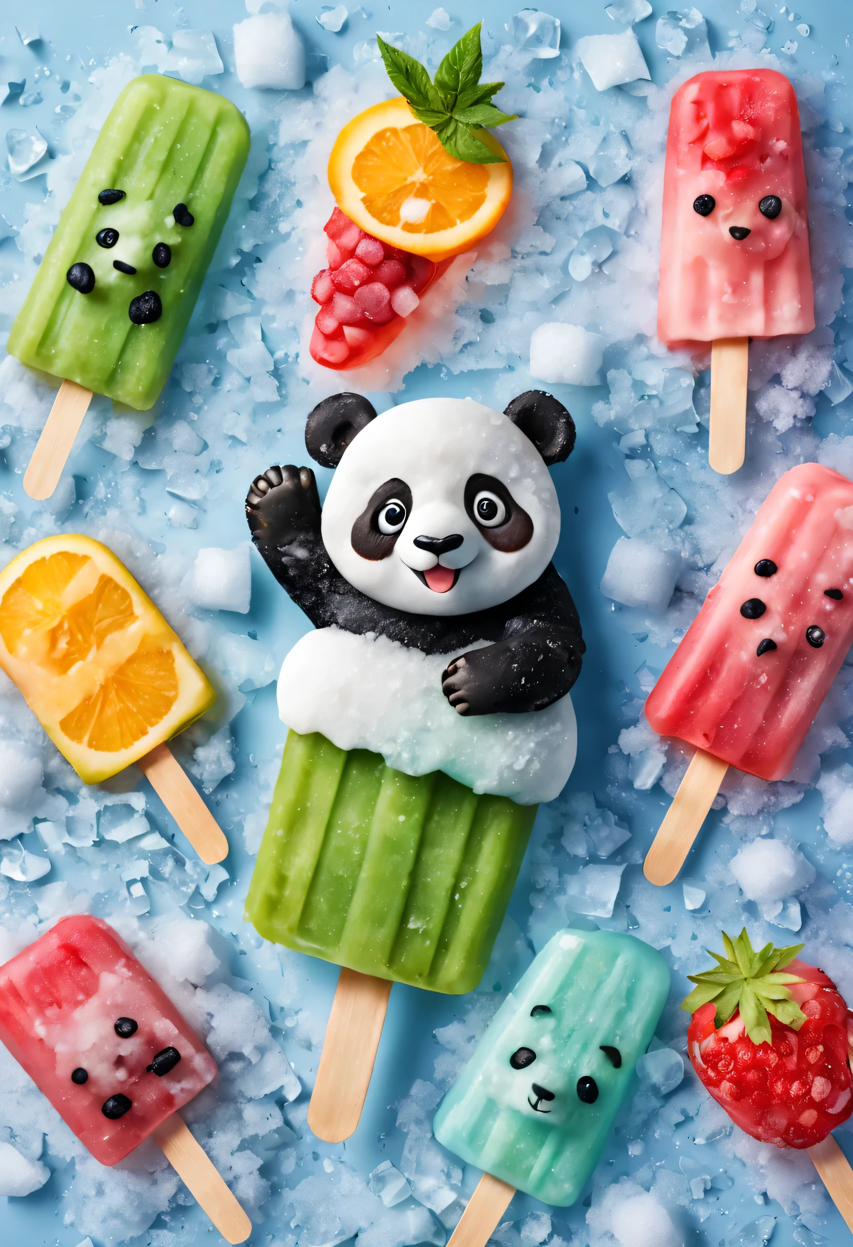 Cartoon Panda Fruit Popsicle,Cute creative popsicles,frozen texture,snow,ice cold,cold,Crystal ice,summer,Delicious fruits,color layout,Crushed ice,Refreshing