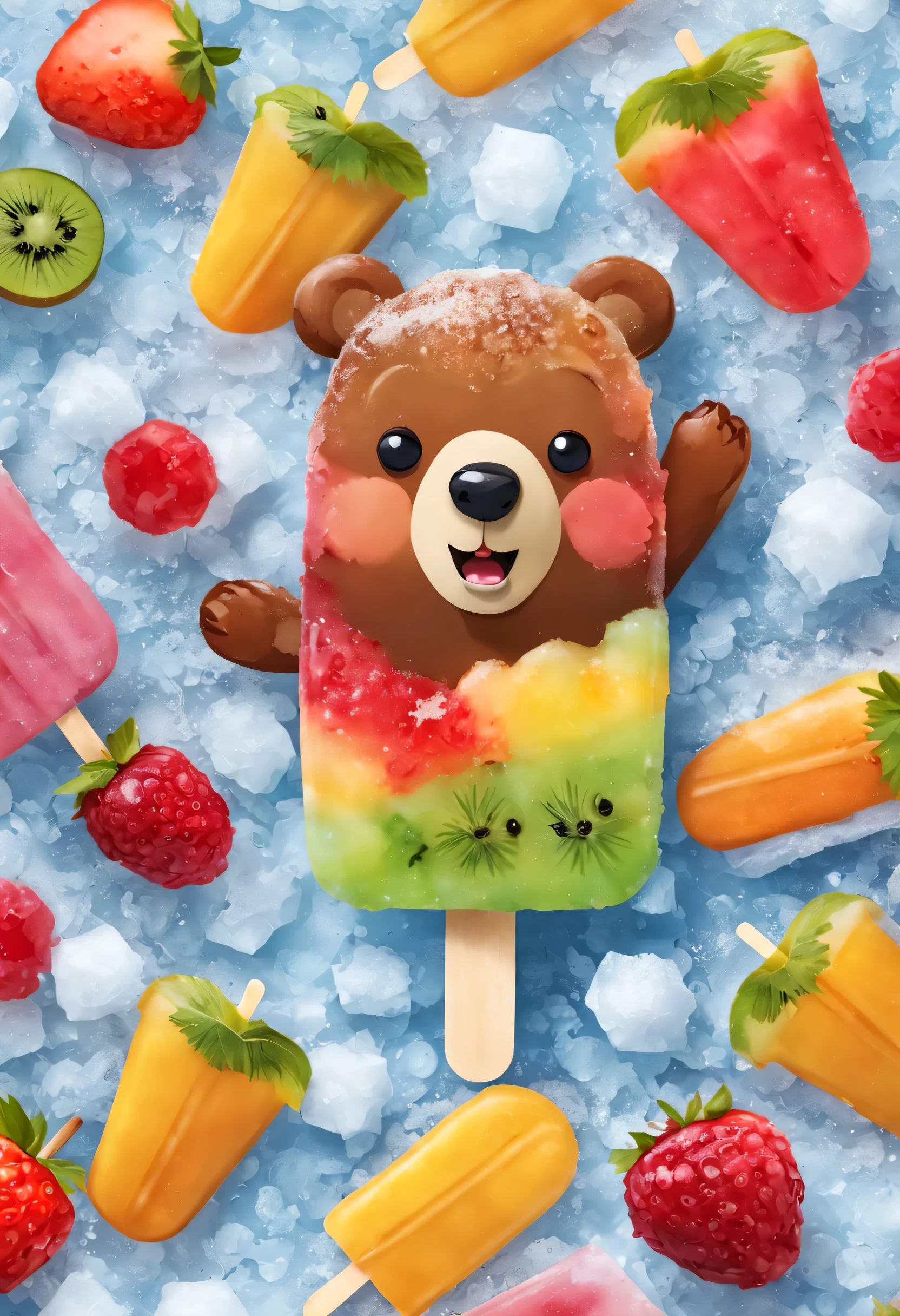cartoon bear fruit popsicle,Cute creative popsicles,frozen texture,snow,ice cold,cold,Crystal ice,summer,Delicious fruits,color layout,Crushed ice,Refreshing