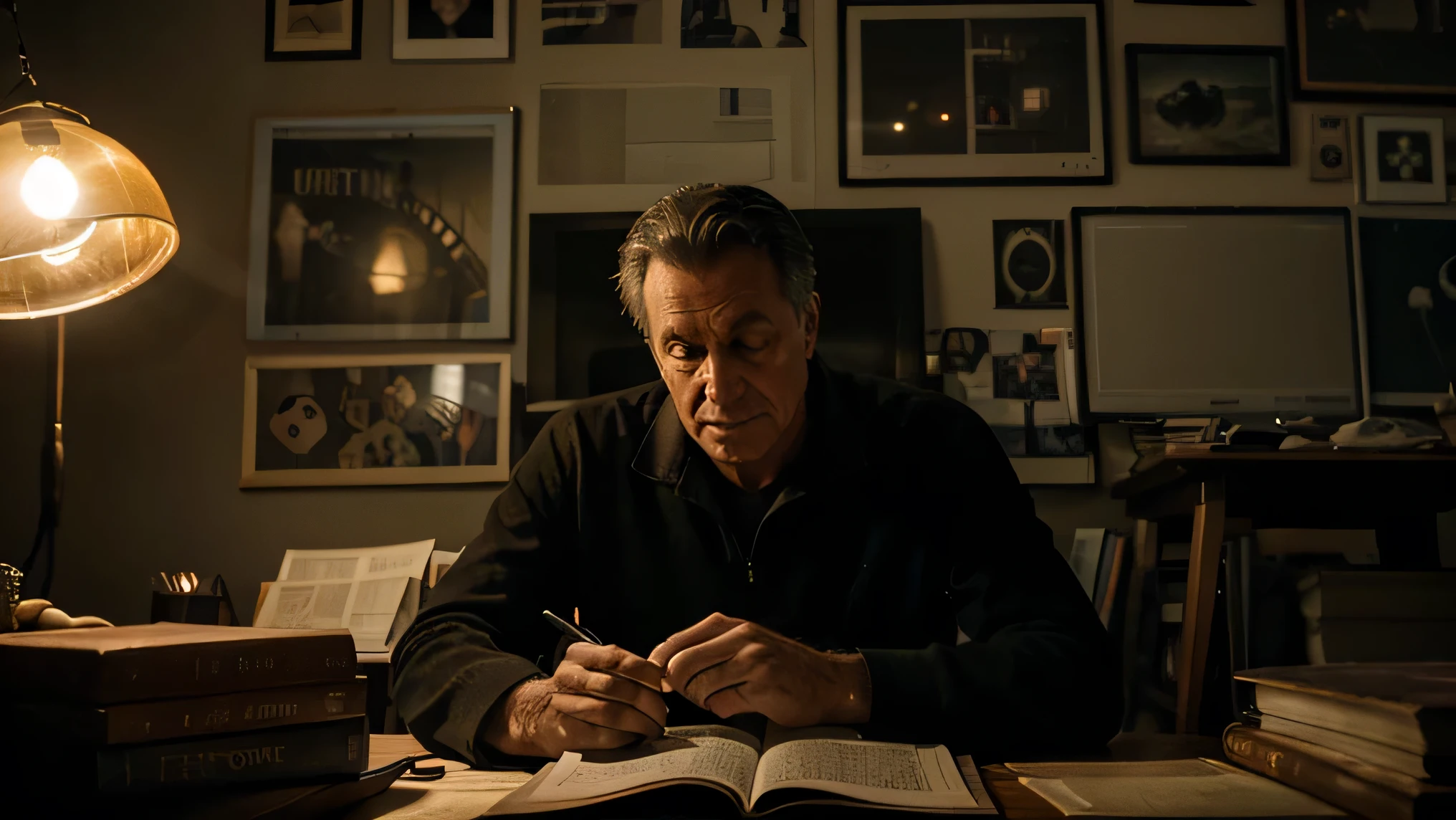In the dimly lit living room, shadows dance across the cluttered space filled with books, newspaper clippings, and conspiracy theories adorning the walls. JOHN, a man in his 50s, sits hunched over a desk, surrounded by monitors displaying UFO forums and news feeds. The eerie glow of the screens casts an otherworldly light on his weary face, accentuating the deep lines etched by years of anticipation. Photography, low-light setting with a warm color temperature to enhance the cozy yet ominous atmosphere