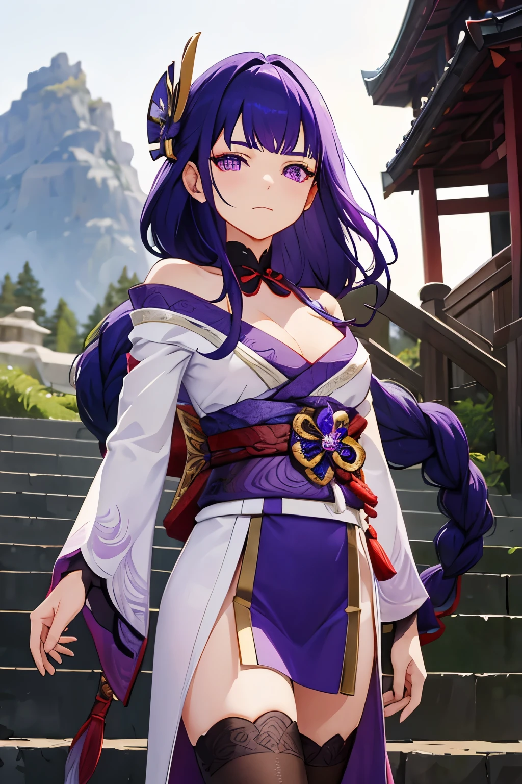 shogun, 1girl, solo, long hair, looking at viewer, hair ornament, thighhighs, long sleeves, ribbon, holding, cleavage, closed mouth, purple eyes, weapon, purple hair, braid, flower, japanese clothes, sword, wide sleeves, kimono, holding weapon, armor, mole, blurry, sash, mole under eye, holding sword, obi, shoulder armor, tassel, bridal gauntlets, stairs, purple flower, vision (genshin impact), obijime, tomoe (symbol), obiage, mitsudomoe (shape),  