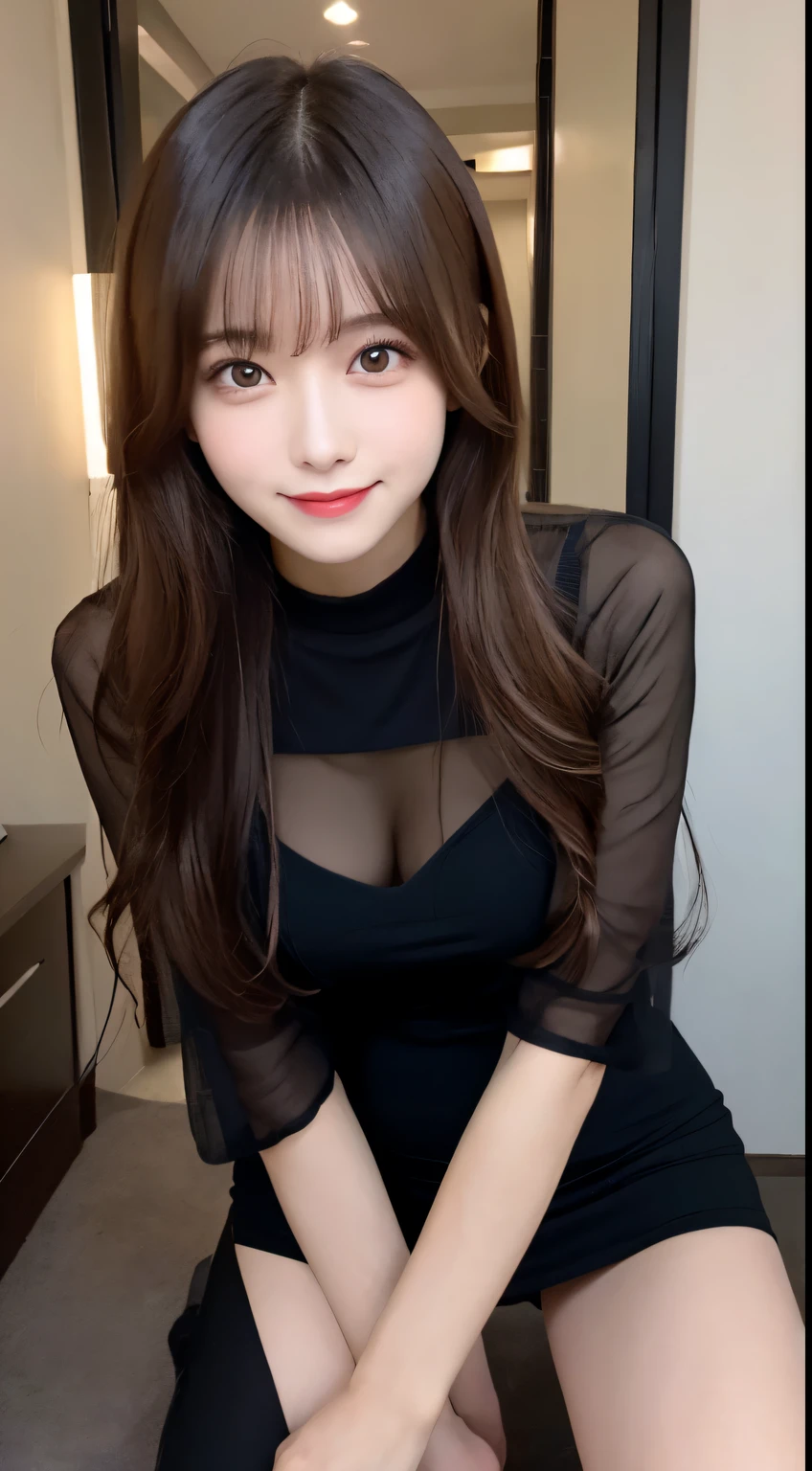 table top, highest quality, shape, Super detailed, finely, High resolution, 8k wallpaper, 完璧なダイナミックな構shape, beautiful and detailed eyes, Gorgeous and stylish black fluffy latest trend Tokyo winter clothes(long sleeve),ランダムなcute髪,small breasts,natural color lip, bold sexy pose,smile、20 year old girl、cute、looking at the cameraのセクシーショット,Always blur the background,perfect and beautiful face,Take only the face,beautiful and detailed face、slim face and style,Big eyes、Do gal makeup,real photos、Shoot from below the knees、Luxury condominium top floor room、looking at the camera、black tights、sexy legs
