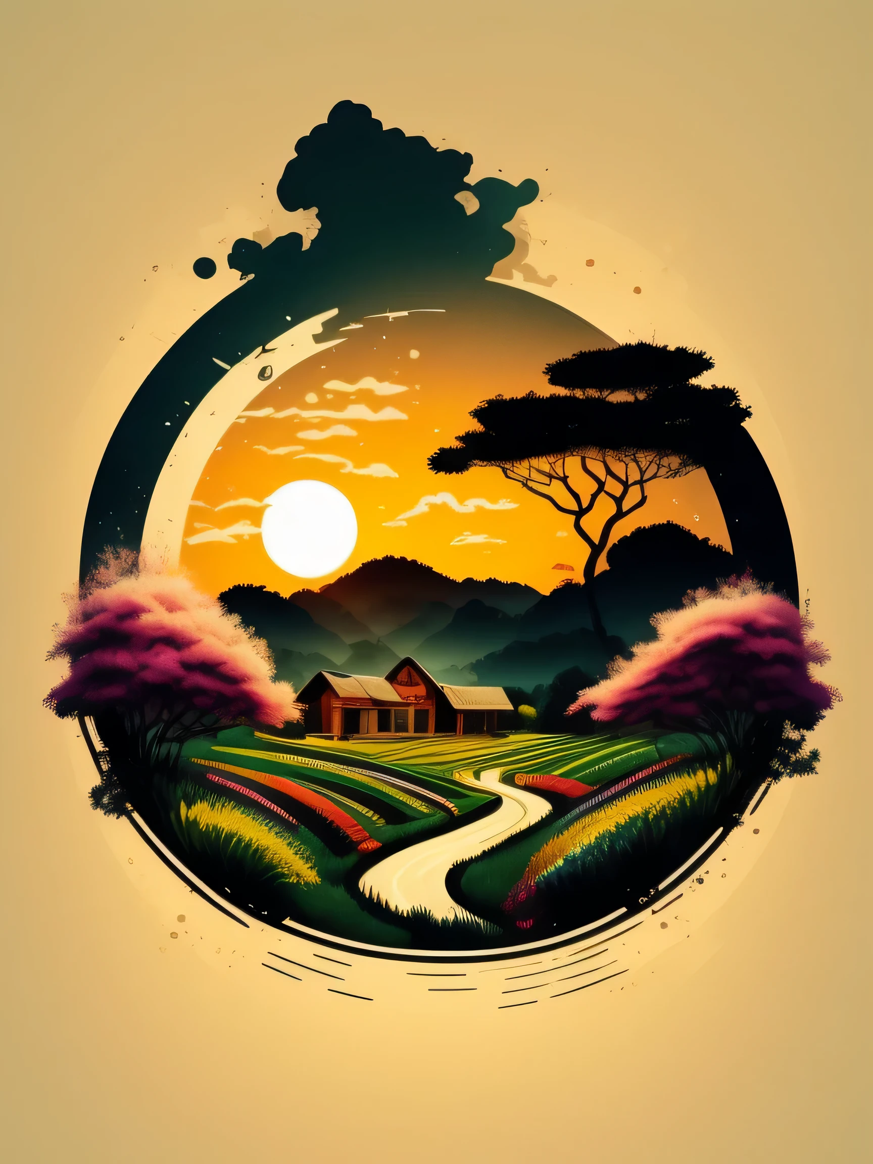 2D t-shirt art, epic illustration, vector, 2d illustration, black background, very colorful, highlighting a serene and graceful farm animal silhouette amidst fields of lush crops and gentle sunlight