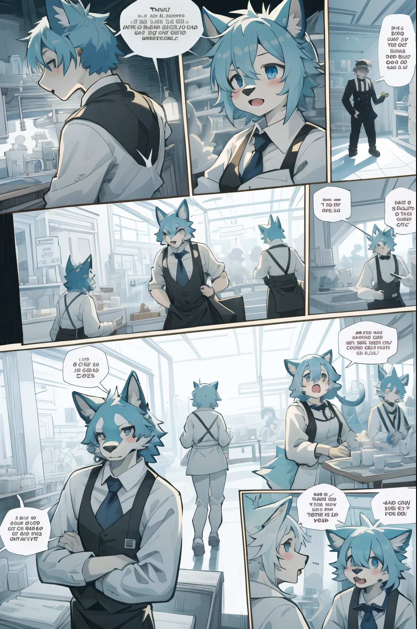 top quality, best quality, highres, masterpiece, super high resolution, detailed background, Casual reutaurant interior, part-time job, waiter, Butler, 6+boys, 6+girls, absurdres(highly detailed beautiful face and eyes)perfect anatomy, good lighting, cinematic shadow(kemono, furry anthro)assorted expressions, assorted poses, assorted angles, full body, upper shot, dynamic angle(girls comic-like panel layouts, speech balloon, English text, Hand-drawn sound effects stickers used in girls comic),