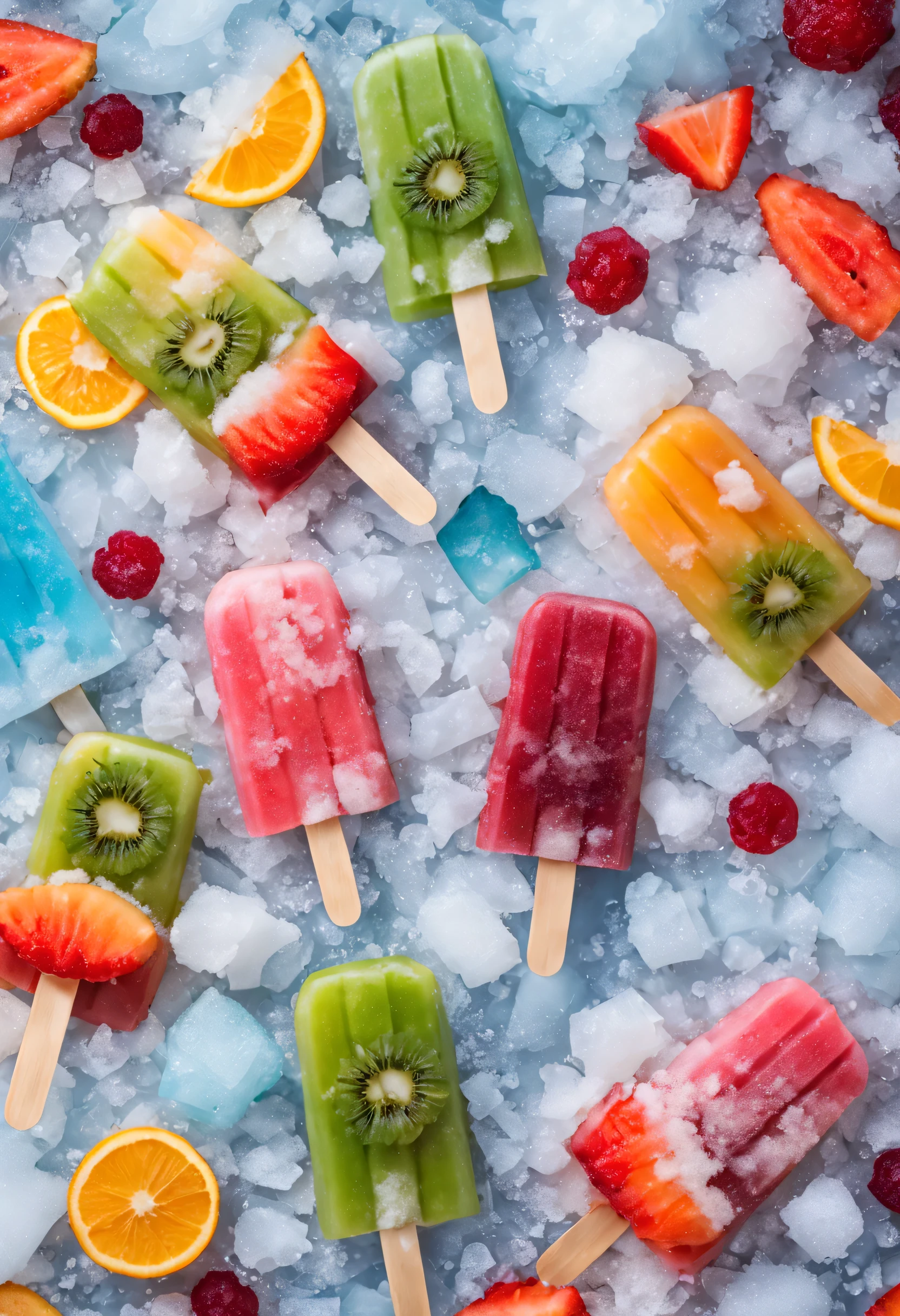 Cartoon Panda Fruit Popsicle，Cute creative popsicles，frozen texture,snow,ice cold,cold,Crystal ice,summer,Delicious fruits,color layout,Crushed ice,Refreshing
