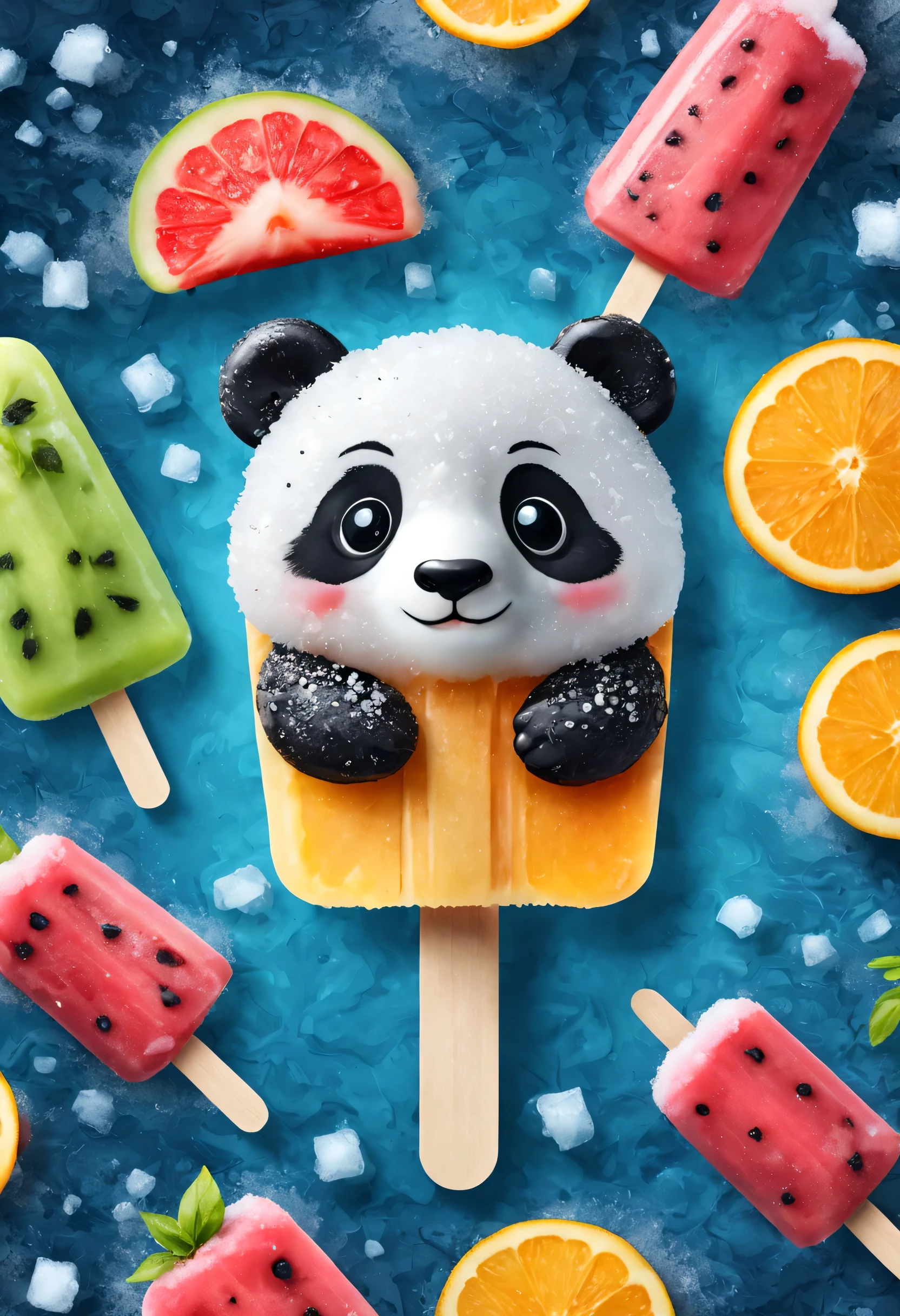 Cartoon Panda Fruit Popsicle，Cute creative popsicles，frozen texture,snow,ice cold,cold,Crystal ice,summer,Delicious fruits,color layout,Crushed ice,Refreshing
