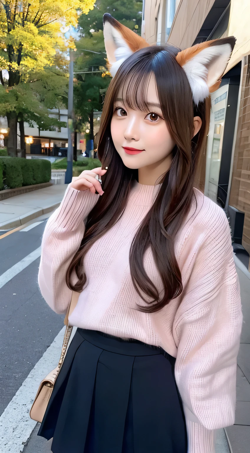 girl, (Small fox ears), Pink knitwear, skirt
