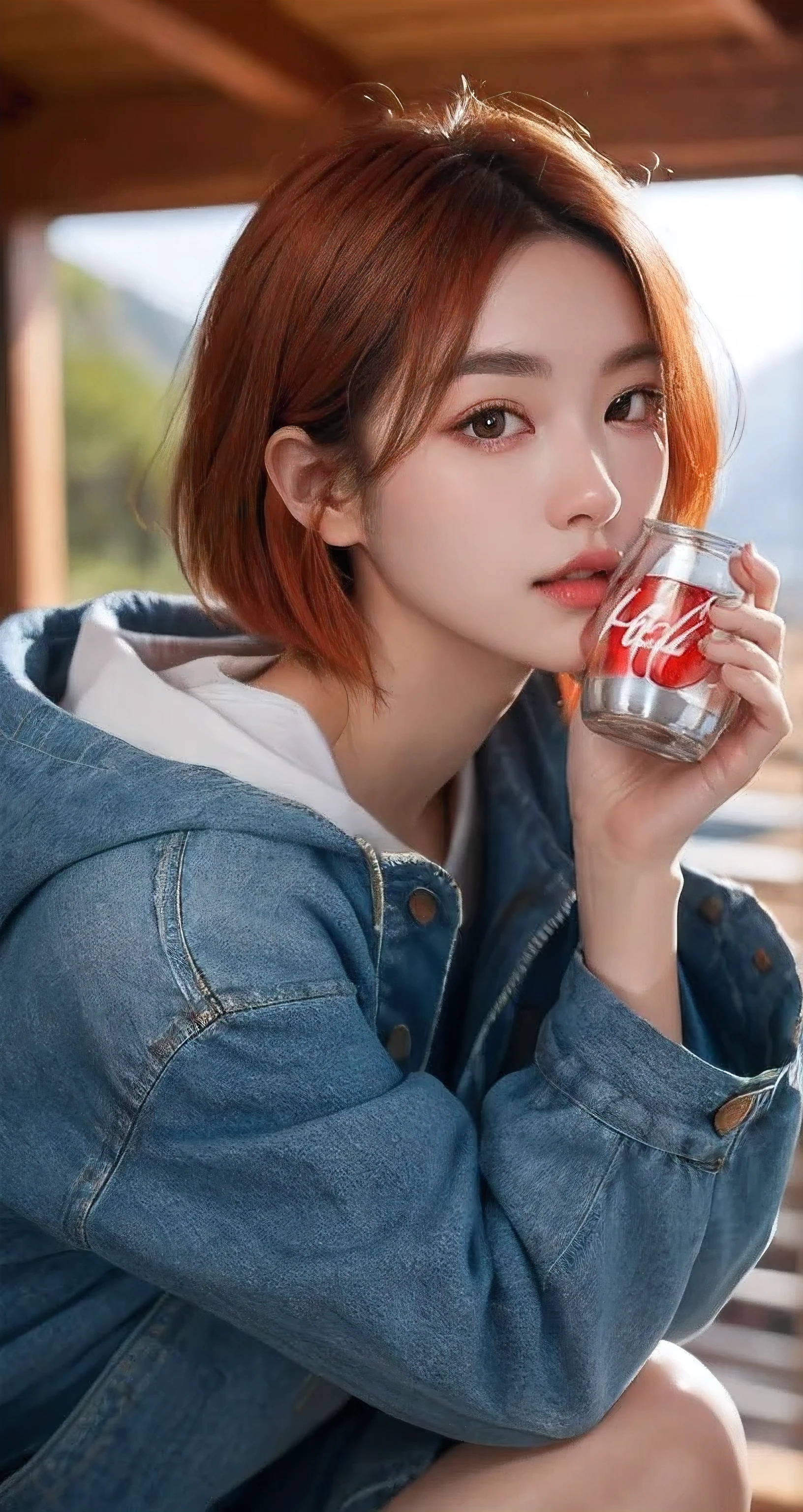 Best Quality Detail:1.2,  realisitic, 8K UHD, hight resolution, 1girl in:1.2, The ultra-detailliert, High quality textures, intricate detailes, detaileds, Very detailed CG, High quality shadows, Detail Beautiful delicate face, Detail Beautiful delicate eyes, depth of fields, Ray traching, masterpiece, best quality,ulzzang -6500-v1.1:0.6, pureerosface_v1,  Pretty korean Girl, Korean Urzan Face:1.1, milf, 28 year old woman,short neon orange hair,shiny_skin,thin_waist,huge breasts,wearing a pink oversize jaket and cargo pants, 4K, 8K UHD Full Color RAW Photos, Fuji Film(Medium format:1.2), Hasselblad:1.2, Carl zeiss:1.1, Incredible dynamic range photography(UTIL_Art by Smoose-768:1.1), hight resolution, High pixel count, clear details, crisp image, Natural color reproduction, Noise Reduction, High fidelity, qulity, Software Improvements, Upscaling, Optimized algorithms, Pro-level retouching,crowd:1.1,depth of field,looking at viewer,random pose sitting at the everest mountain background, and drinking coca cola, dreamy vacation paradise,random pose,