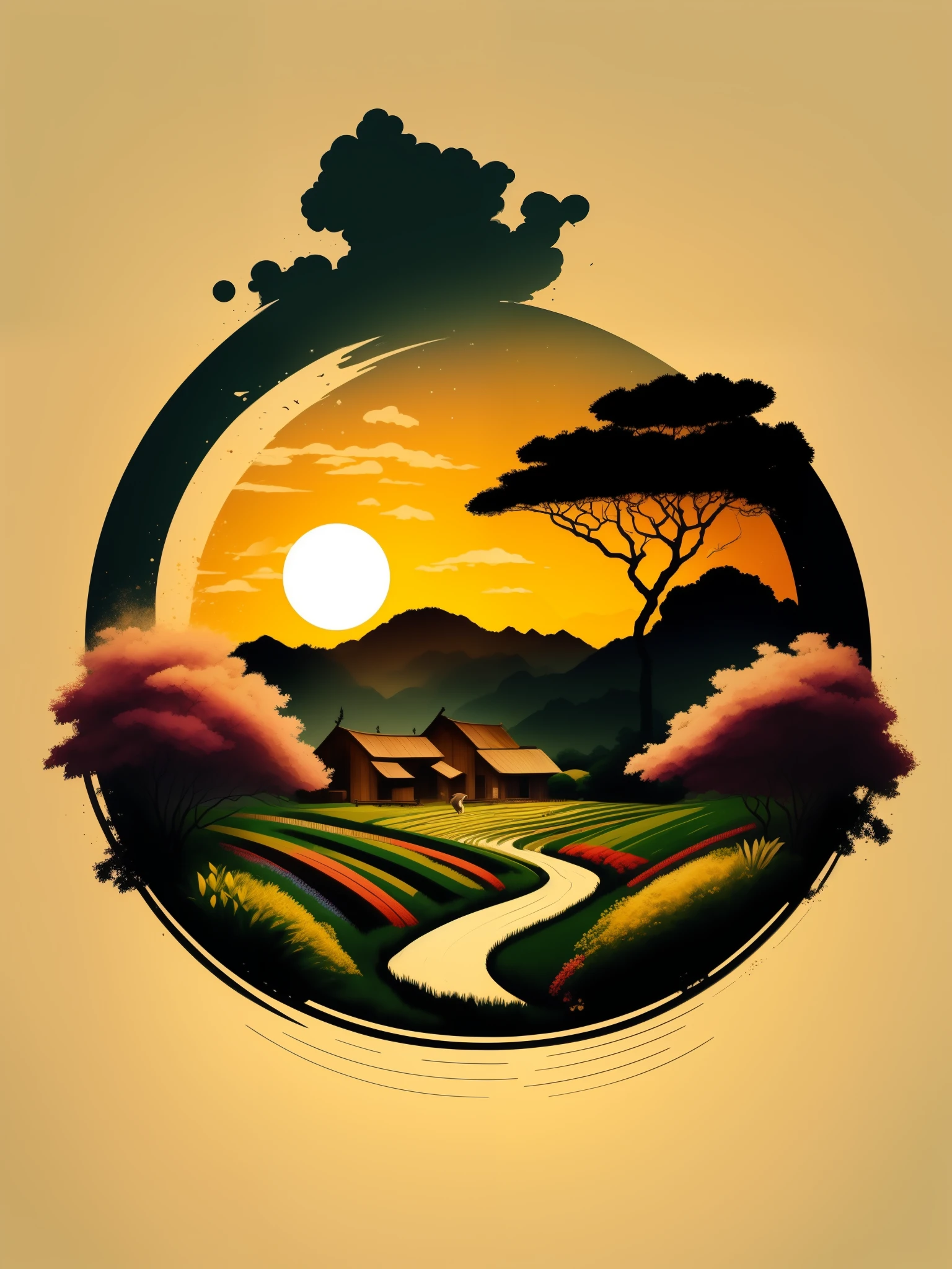 (best quality,4k,8k,highres,masterpiece:1.2),ultra-detailed,(realistic,photorealistic,photo-realistic:1.37),2D t-shirt art,epic illustration,vector,2d illustration,white background,very colorful,highlighting a serene and graceful farm animal silhouette amidst fields of lush crops and gentle sunlight,joyful vibrant colors,meticulously crafted patterns,exquisite linework,appealing farm animal character,meticulously illustrated details,inspiring and lively composition,classical brush strokes,contrasting color palette,hints of surrealism,vibrant and harmonious color harmonies,reminiscent of a dreamlike paradise.