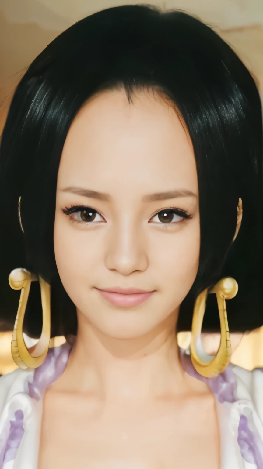 (masterpiece), (realistic), (ultra detailed), ( high reest quality), (photorealistic), (perfect face), (perfect anatomy), (((woman)), ((female)), solo, (((25 years old))), Boa Hancock from one piece, Boa Hancock, one piece, potrait of Boa Hancock from one piece, black hair, long hair, crazy detail, (((wearing a white robe))), realistic, professional photography, 8k UHD, SLR camera, soft lighting, high quality, film grain, Fujifilm XT3, (detailed face and eyes), (face: 1 2), noise, extra, detailed skin, ,