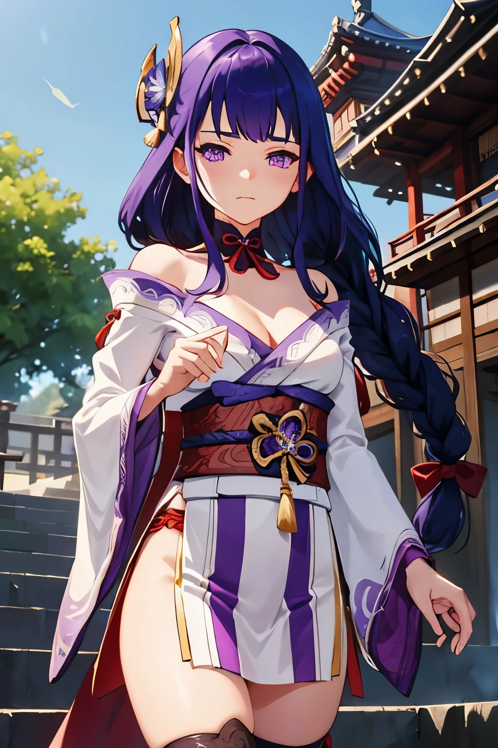 shogun, 1girl, solo, long hair, looking at viewer, hair ornament, thighhighs, long sleeves, ribbon, holding, cleavage, closed mouth, purple eyes, weapon, purple hair, braid, flower, japanese clothes, sword, wide sleeves, kimono, holding weapon, armor, mole, blurry, sash, mole under eye, holding sword, obi, shoulder armor, tassel, bridal gauntlets, stairs, purple flower, vision (genshin impact), obijime, tomoe (symbol), obiage, mitsudomoe (shape),  