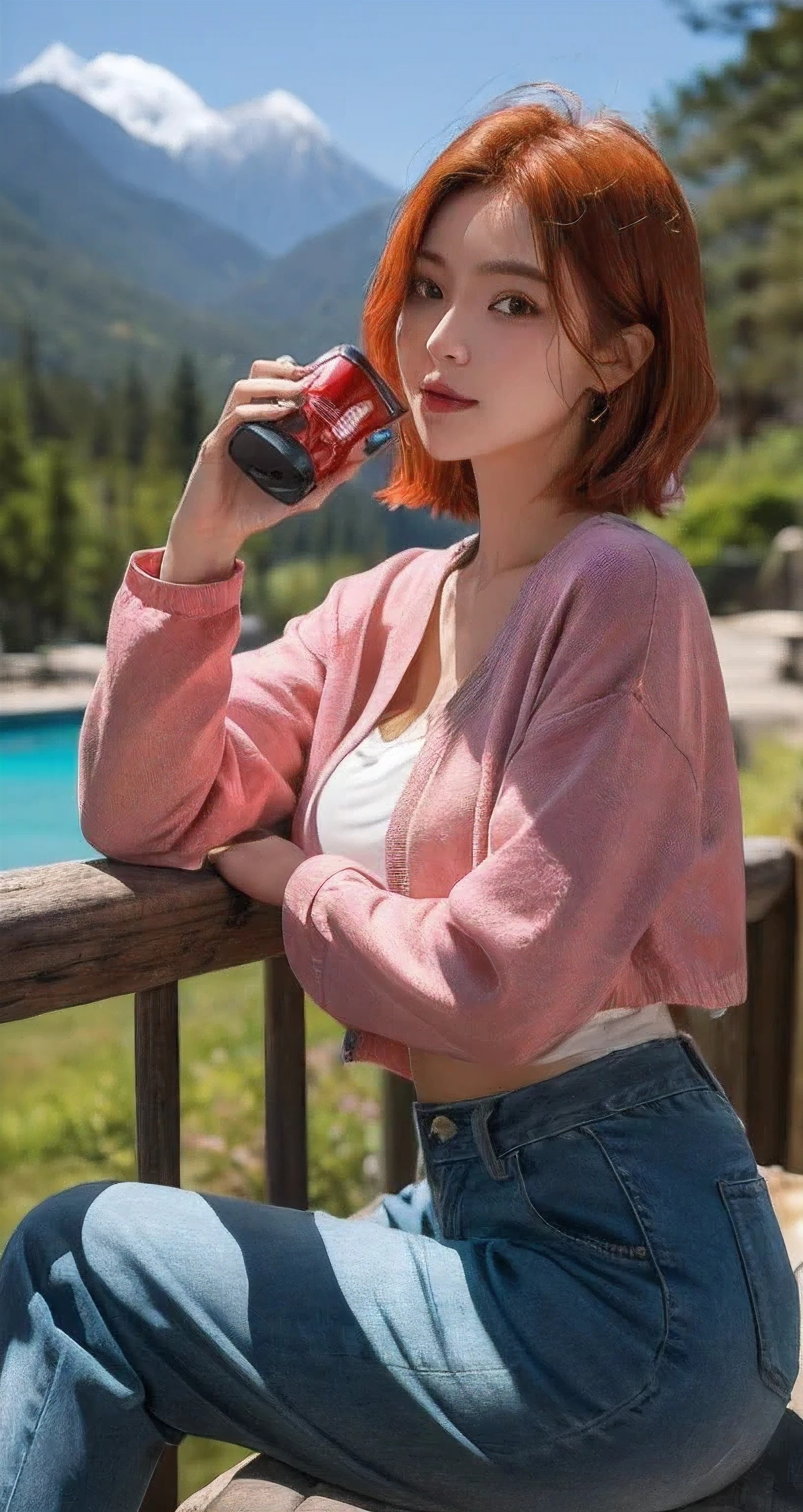 Best Quality Detail:1.2, realisitic, 8K UHD, hight resolution, 1girl in:1.2, The ultra-detailliert, High quality textures, intricate detailes, detaileds, Very detailed CG, High quality shadows, Detail Beautiful delicate face, Detail Beautiful delicate eyes, depth of fields, Ray traching, masterpiece, best quality,ulzzang -6500-v1.1:0.6, pureerosface_v1, Pretty korean Girl, Korean Urzan Face:1.1, , 28 year old woman,short neon orange hair,shiny_skin,thin_waist,huge brearing a pink oversize jaket and cargo pants, 4K, 8K UHD Full Color RAW Photos, Fuji Film(Medium format:1.2), Hasselblad:1.2, Carl zeiss:1.1, Incredible dynamic range photography(UTIL_Art by Smoose-768:1.1), hight resolution, High pixel count, clear details, crisp image, Natural color reproduction, Noise Reduction, High fidelity, qulity, Software Improvements, Upscaling, Optimized algorithms, Pro-level retouching,crowd:1.1,depth of field,looking at viewer,random pose sitting at the everest mountain background, and drinking coca cola, dreamy vacation paradise,random pose,