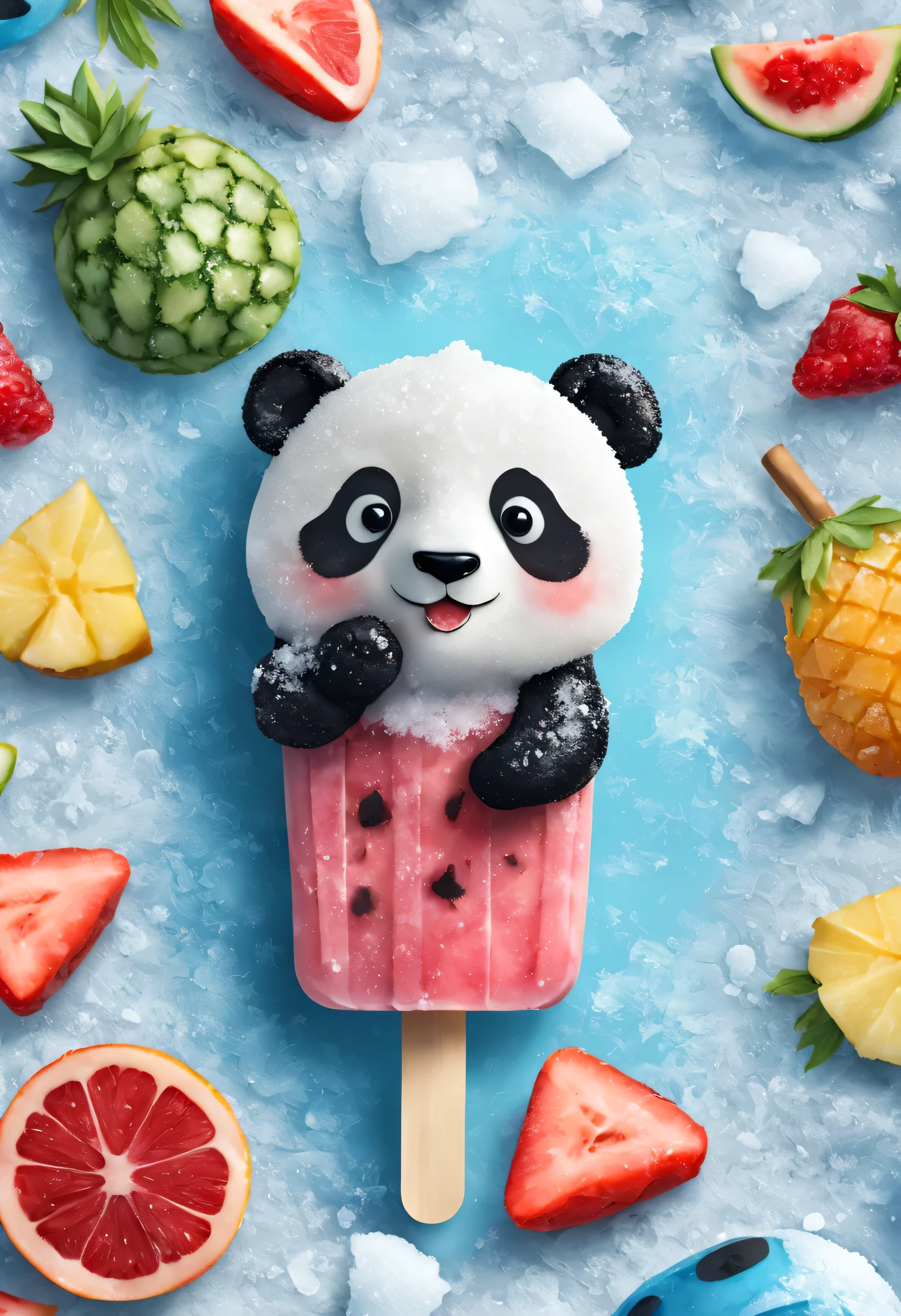 Cartoon Panda Fruit Popsicle，Cute creative popsicles，frozen texture,snow,ice cold,cold,Crystal ice,summer,Delicious fruits,color layout,Crushed ice,Refreshing
