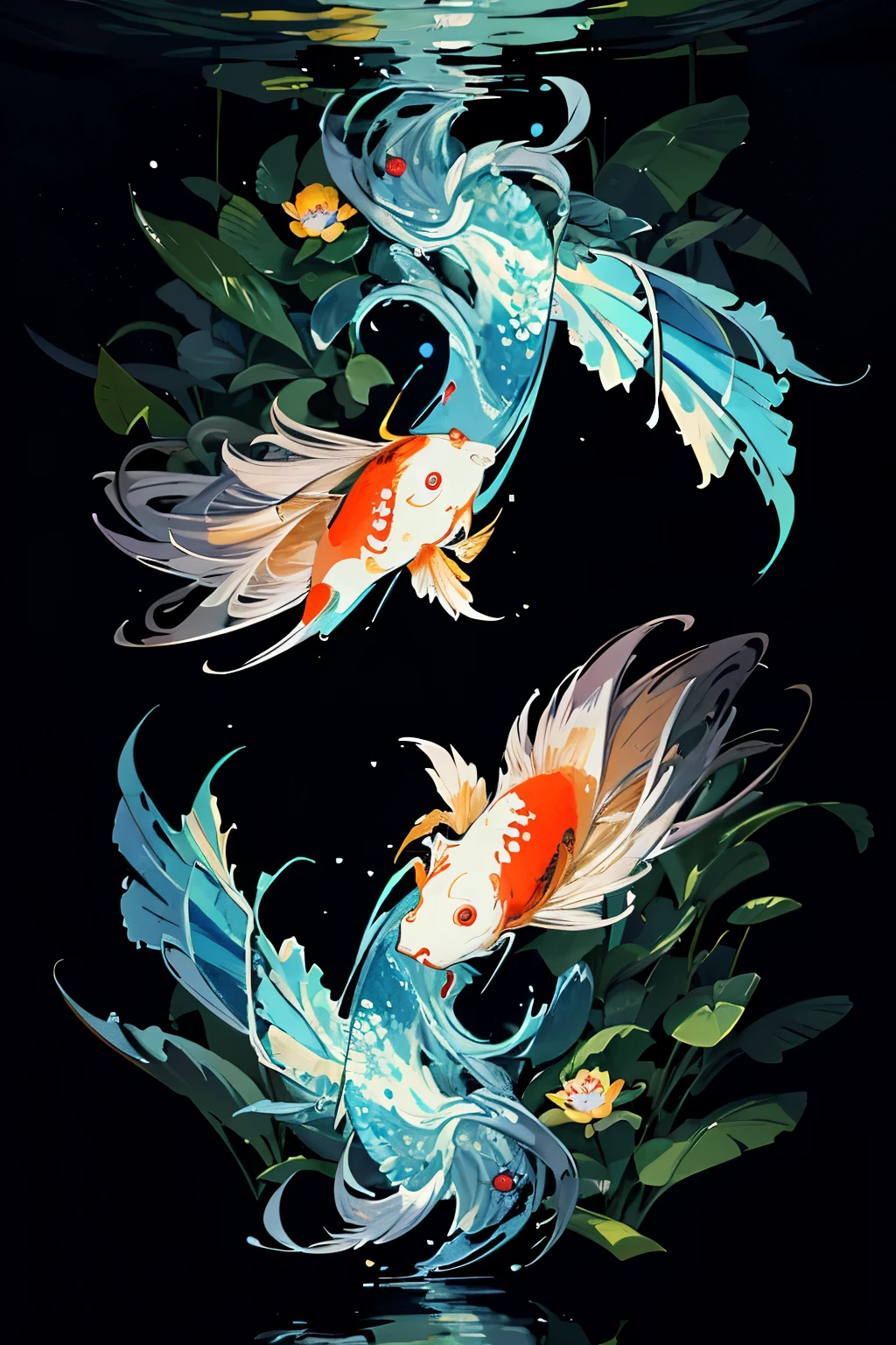 Masterpiece, serene scene, six koi carp swimming in a small, crystalline stream, lotus leaves and flowers gently floating on the surface, cinematic image quality at its finest, ultra-detailed and realistic representation, water surface reflecting the clear blue sky with white, fluffy clouds, vivid colors of the koi carp contrasting against the calming greens and browns of the nature surrounding them, sharp focus highlighting every scale of the fish, depth of field adding to the depth and texture of the image, detailed reflections on the water surface, high resolution capturing every intricate detail, captivating and peaceful, in the style of a Japanese garden painting.