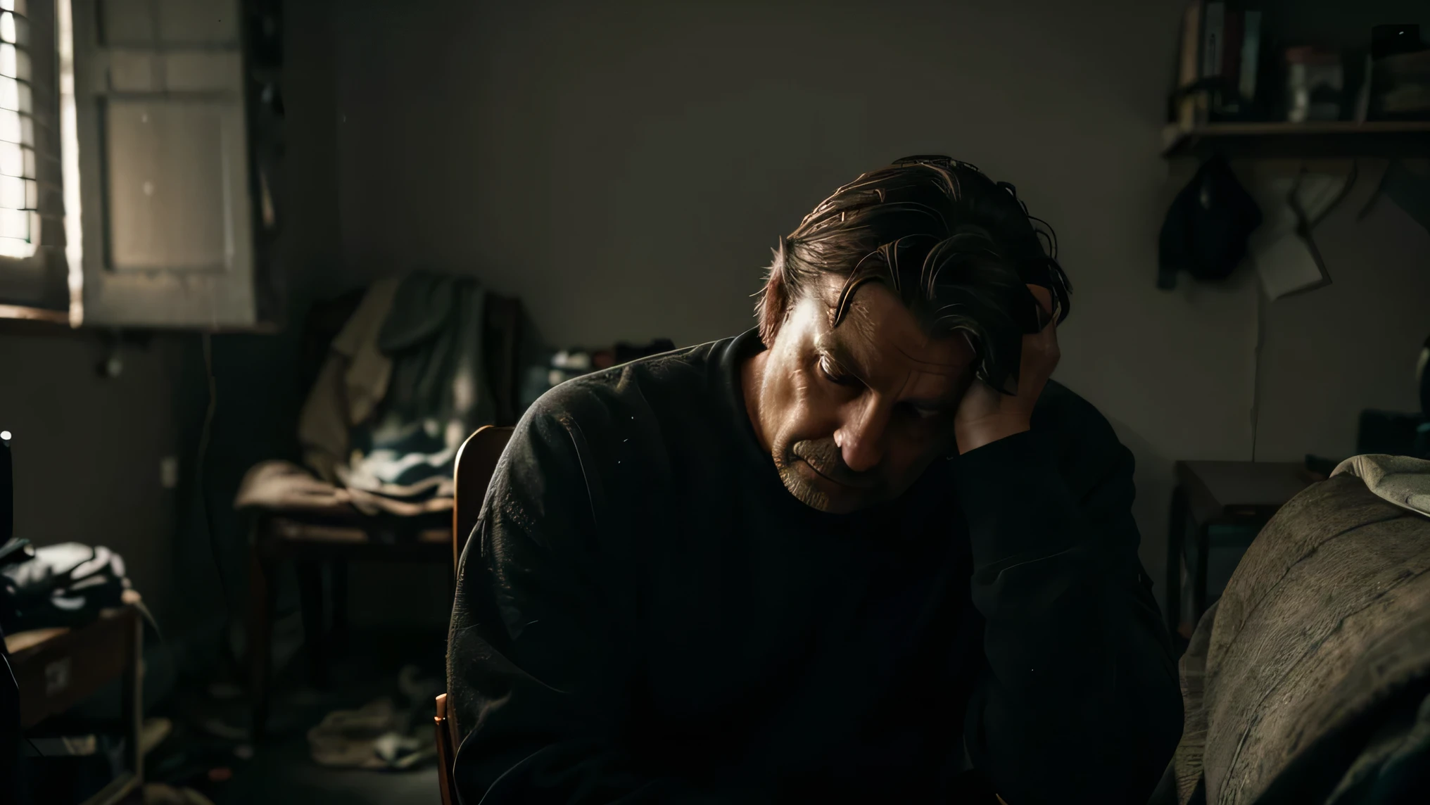JOHN a man in his 50s, leans back in his chair, his features obscured by shadows, his expression weighed down by despair. The dim light barely illuminates the cluttered room, casting a somber mood over the scene. Photography, shallow depth of field to focus on JOHN's face, capturing the heaviness of his despair