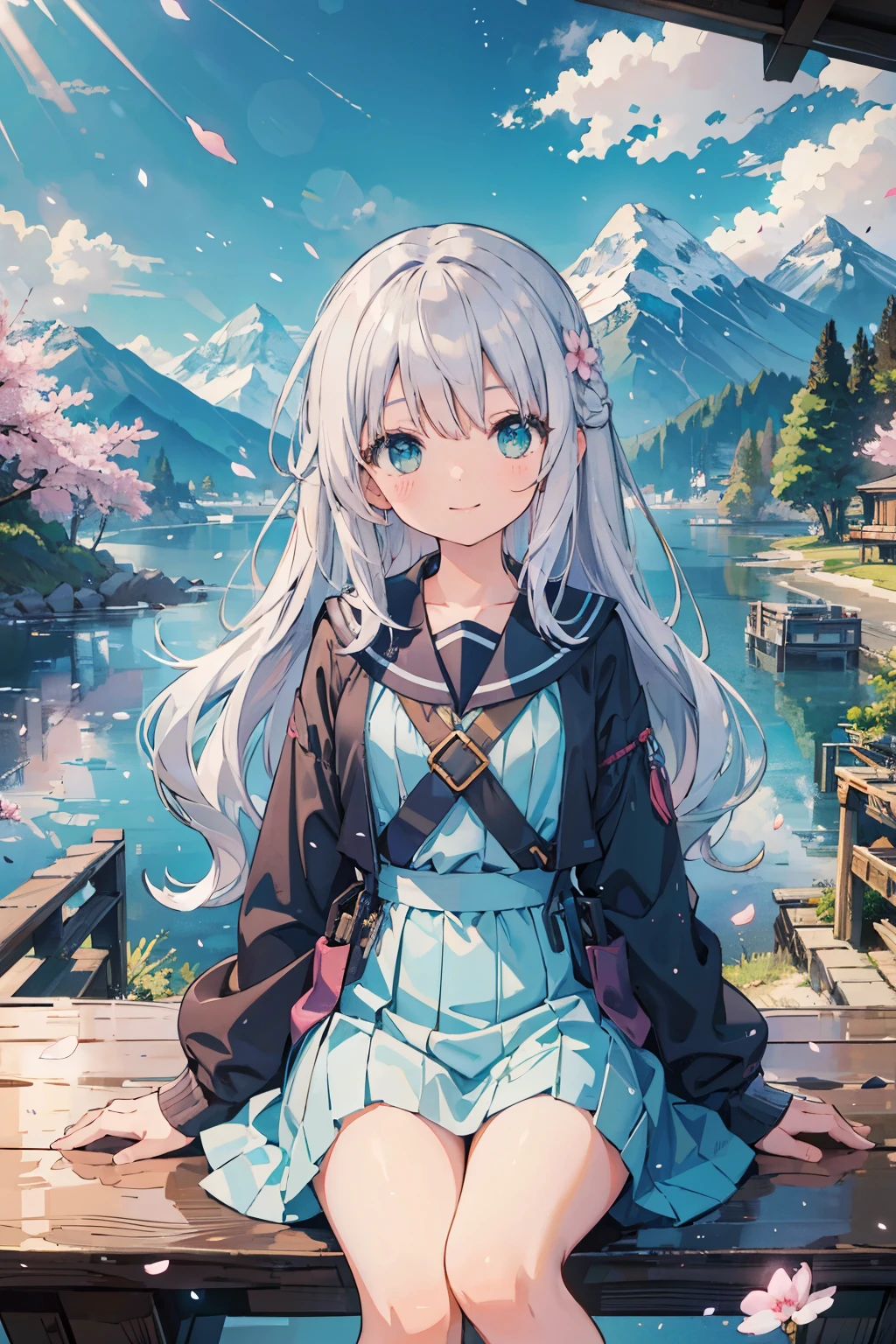 (masterpiece), scenery, mountainous horizon, cherry blossoms, petal, particles of light, Upper body, 1 girl, crew, wavy hair, floating hair, smile, sitting, open your mouth, particles of light, silver hair, aqua eye, looking at the viewer, face focus、no pants、Pussy、M-shaped spread legs、tits、nipple、Kupaa