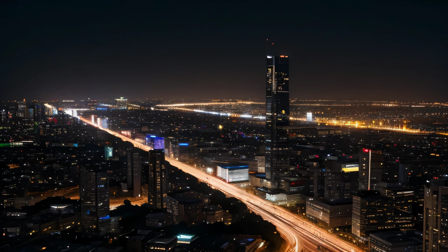Most of the tall buildings under the lights at night are,Speeding car stretches taillights