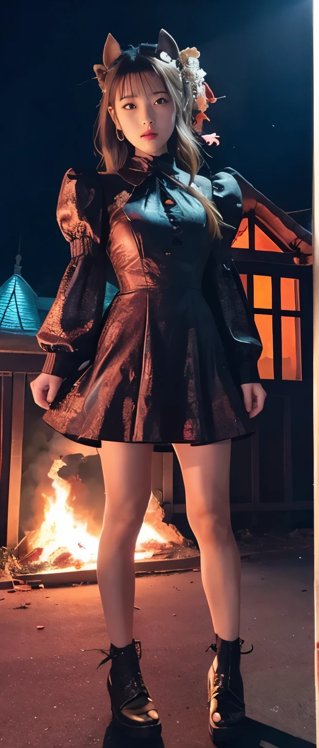 idol in flames、whole body、good style、、、、、fire pattern mini dress、glowing haunted house