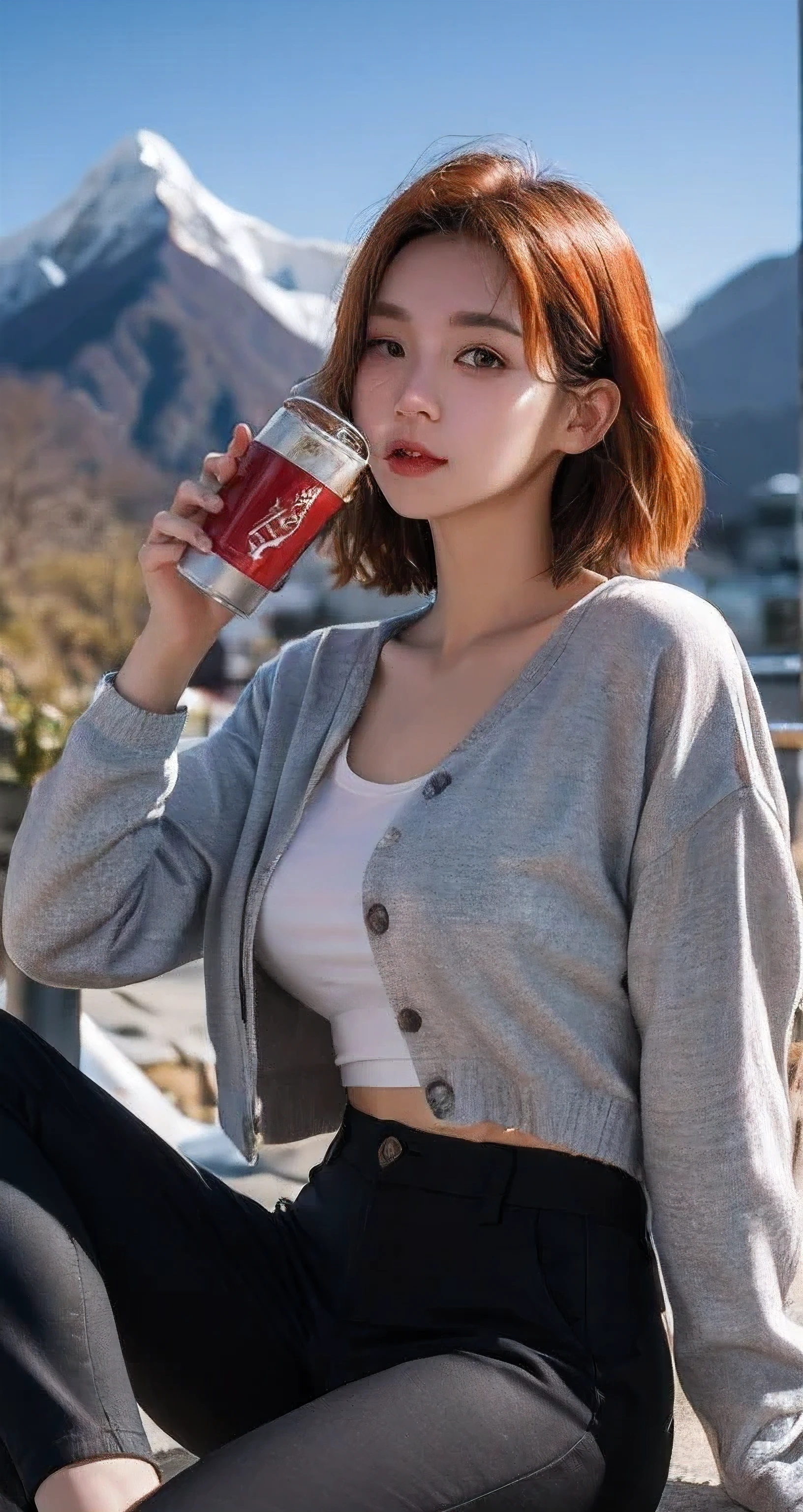 Best Quality Detail:1.2,  realisitic, 8K UHD, hight resolution, 1girl in:1.2, The ultra-detailliert, High quality textures, intricate detailes, detaileds, Very detailed CG, High quality shadows, Detail Beautiful delicate face, Detail Beautiful delicate eyes, depth of fields, Ray traching, masterpiece, best quality,ulzzang -6500-v1.1:0.6, pureerosface_v1,  Pretty korean Girl, Korean Urzan Face:1.1, milf, 28 year old woman,short neon orange hair,shiny_skin,thin_waist,huge breasts,wearing a pink oversize jaket and cargo pants, 4K, 8K UHD Full Color RAW Photos, Fuji Film(Medium format:1.2), Hasselblad:1.2, Carl zeiss:1.1, Incredible dynamic range photography(UTIL_Art by Smoose-768:1.1), hight resolution, High pixel count, clear details, crisp image, Natural color reproduction, Noise Reduction, High fidelity, qulity, Software Improvements, Upscaling, Optimized algorithms, Pro-level retouching,crowd:1.1,depth of field,looking at viewer,random pose sitting at the everest mountain background, and drinking coca cola, dreamy vacation paradise,random pose,