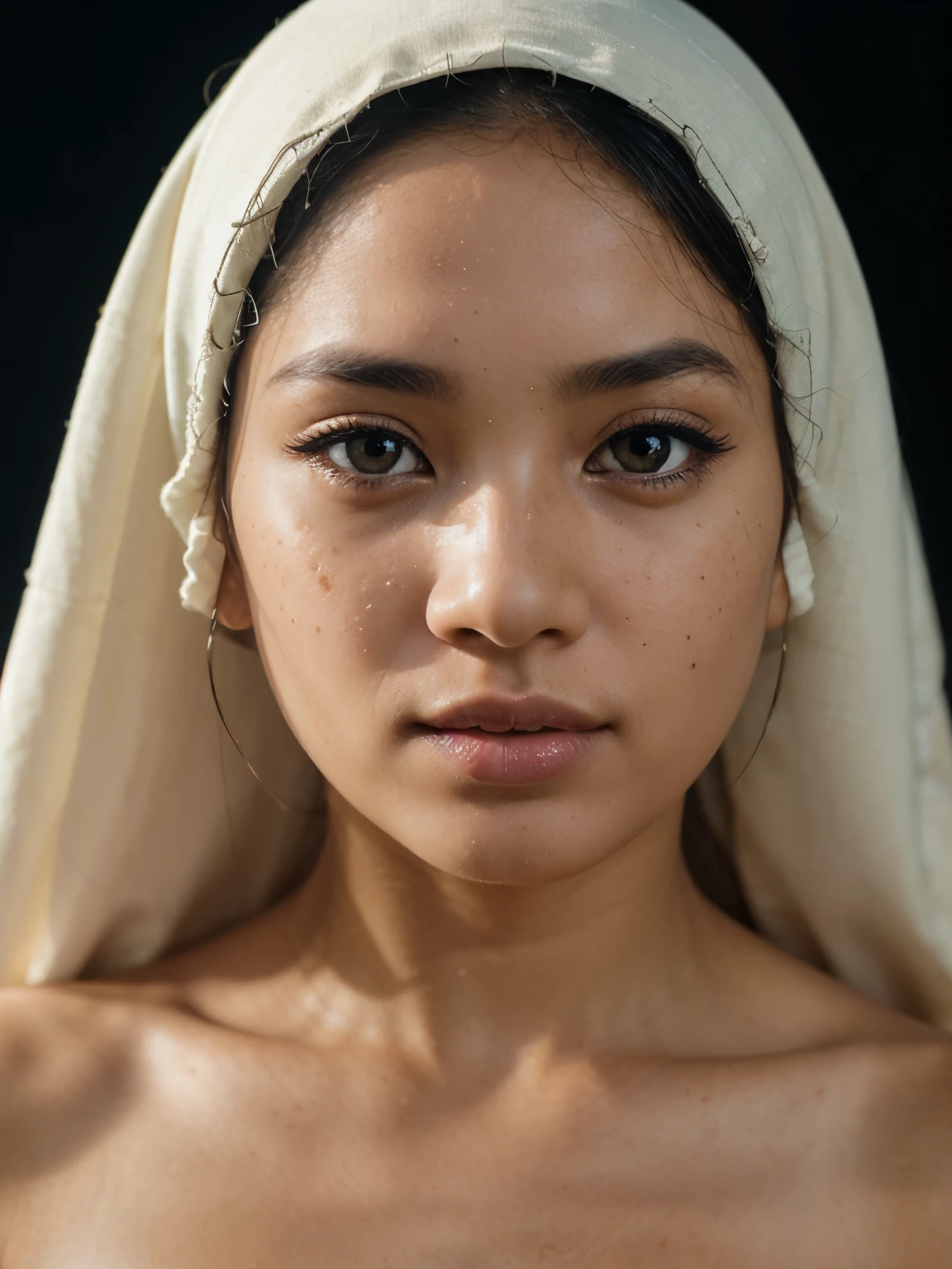 photoshoot, black background. RAW photo, editorial photograph, film stock photograph, cinematic, an eye contact of a indonesian woman, grimace, primer, Intricate, cream eyeliner, stain lipstick, odd numbers, Button nose, Freckles, wearing hijab, pink skin color, soft focus. 8k, highly detailed, detailed skin texture, natural skin texture, detailed cloth texture, perfect eyes, detailed eyes,, (high quality, best quality:1.3), Extremely high-resolution, amateur photo, Fujifilm Superia Premium 400, Nikon D850 film stock photograph Kodak Portra 400 camera f1.6 lens, 8k, UHD