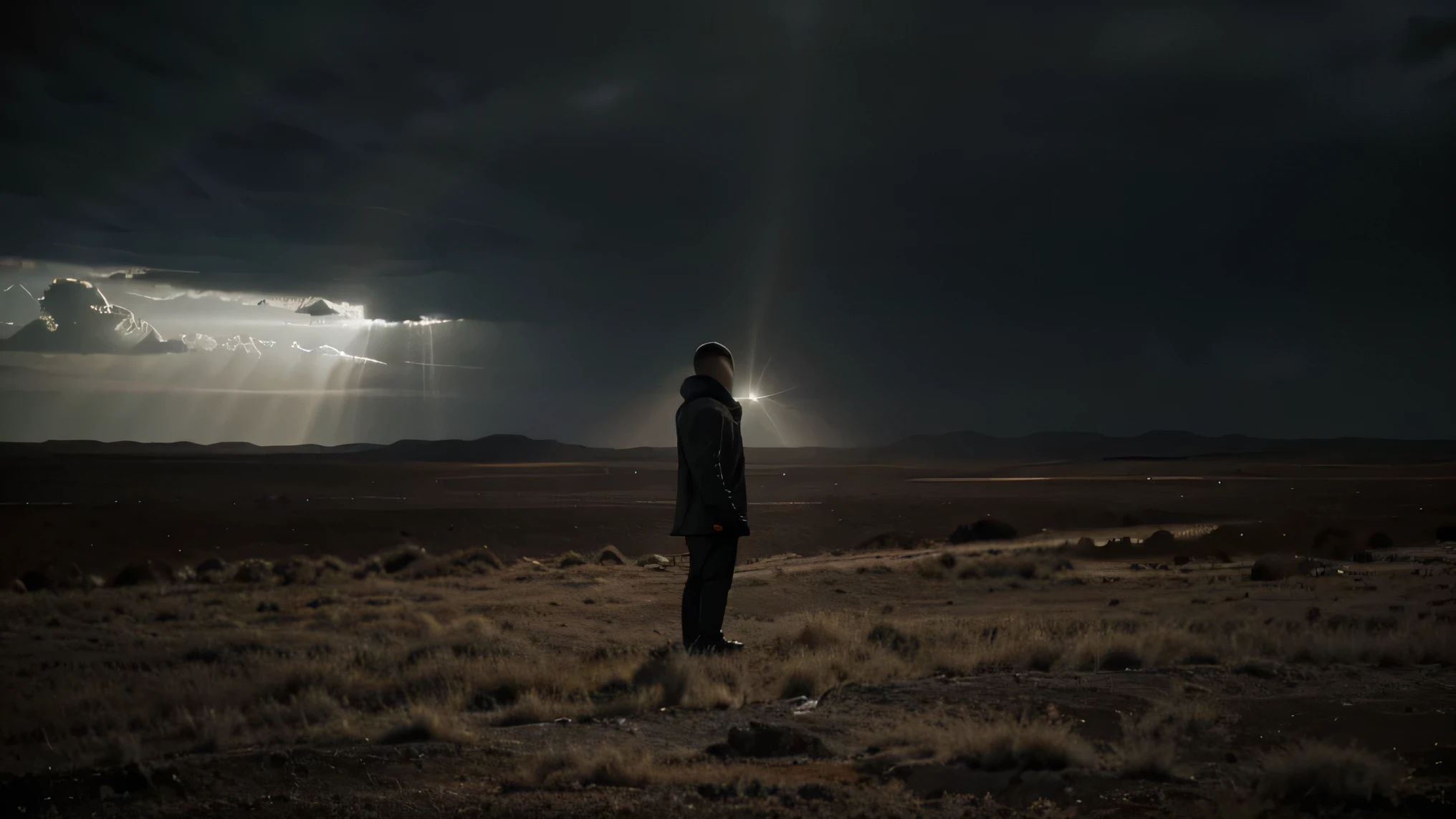  In the desolate landscape, JOHN stands solitary amidst the barren field, his gaze fixed upon the sky with a blend of longing and resignation. The sun casts harsh shadows as the low-hanging clouds obscure its rays, enveloping the landscape in a gloomy haze. Photography, wide-angle lens to capture the vastness of the barren field and the brooding sky
