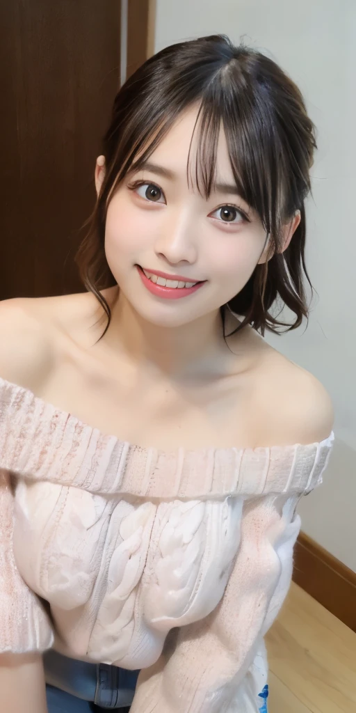 table top, highest quality, 
super detailed, finely, High resolution, In 8K,
((Photoreal:1.4, Raw photo, Super high resolution,best image quality: 1.4)),
wallpaper, 
((Perfect whole body composition 1.5)), 
beautiful and fine eyes, natural color lip,
((穏やかなsmile:1.5)),
((random cute hairstyles)), 
((pretty big breasts:1.2)),
((from the front:1.5)),
((brain out、under the eyes、brain out、mole on arm:0.9)),
((random blurred background)),
((Random and cute expressions)),, 
Highly detailed and professional lighting、
perfect dynamic composition, beautiful and fine eyes,((leaning forward)), ((off shoulder knit sweater:1.6)),((micro mini skirt:1,5)),((smile,Harajuku)),((sexy shot looking at camera))