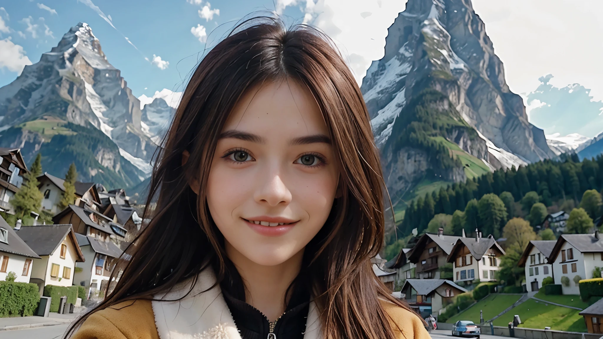 Instagram pictures, 1 girl, Shoulder length hair, Has light blonde hair, Close-up photo, coat, The background is the village of Grindelwald....., Switzerland, smile a little,