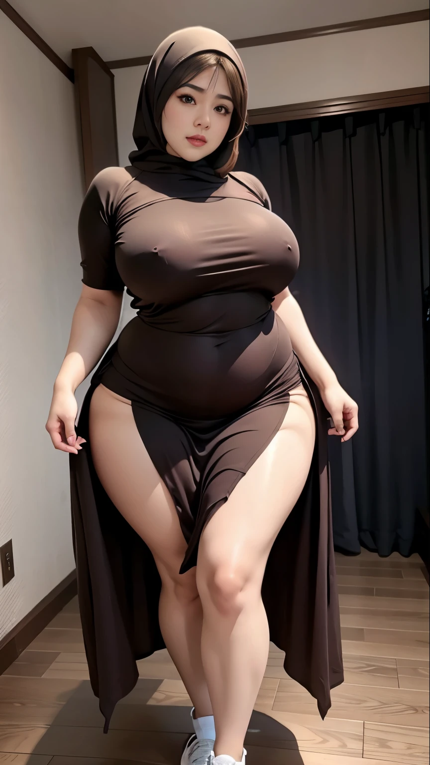araffe woman nude and thight skirt posing for a picture, curvy model,, curvy hourglass figure, sexy longest hand t-shirt, thicc, beautiful full body shot, soft curvy shape, in a longest hand t-shirt, a beautiful woman open legs , bbwchan, hairy vagina, armpits, there is a old woman posing in a dark room with a maroon burka clothes , 43 years old, thick body, beautiful thick female, wide hips, thick legs, she has a jiggly fat round belly, thick thighs, curvy hourglass figure, thicc, curvy model, widest hips, hyperrealistic full figure, bbwchan, voluptuous body, thick, tattooed body, tattooed hands, hena on arm, hena in belly, Burka girl, muslim clothes, 43 years old woman. Burka chubby woman, chubby cheeks, wearing a sneakers, bob hairstyle, thick neck, short neck, there is a woman random pose red-brown hijab, bbwchan, thicc, brown hijab outfit, brown hijab fashion model, korean girl, korean woman, wearing brown robe, full length shot, alluring plus sized model, japanese goddess, clothed in hooded, voluptuous and arousing, portrait shot, curvy model, voluptuous body, wonderful, nene tanaka body , bbwchan, The overall atmosphere is smooth , haunting illustrations, extremely high-resolution details, photographic, realism pushed to extreme, fine texture, 4k, ultra-detailed, high quality, high contrast, red sneakers , cold atmosphere ,, 8k resolution , ultra-detailed resolution , wearing shorts thight pants