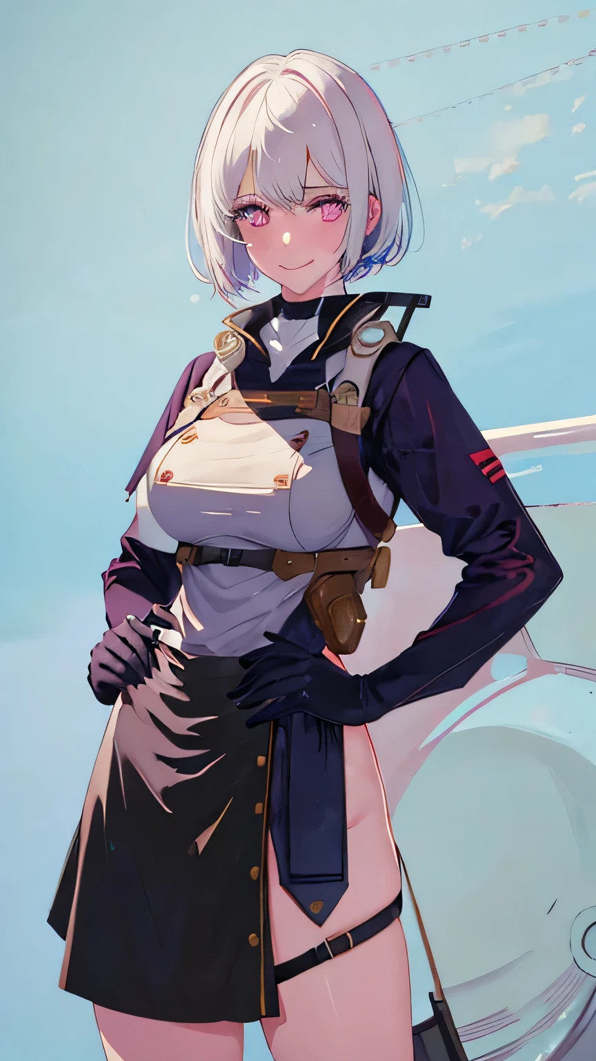 a beautiful girl,white short hair,white hair, Bangs, colorful eyes, goggles, Tonality, romanticism lain, ultra high definition, anatomically correct, textured skin, Super details, high detail, 4K,wear,uniform,whole body,leg sling,big breasts,Sexy,Smile。