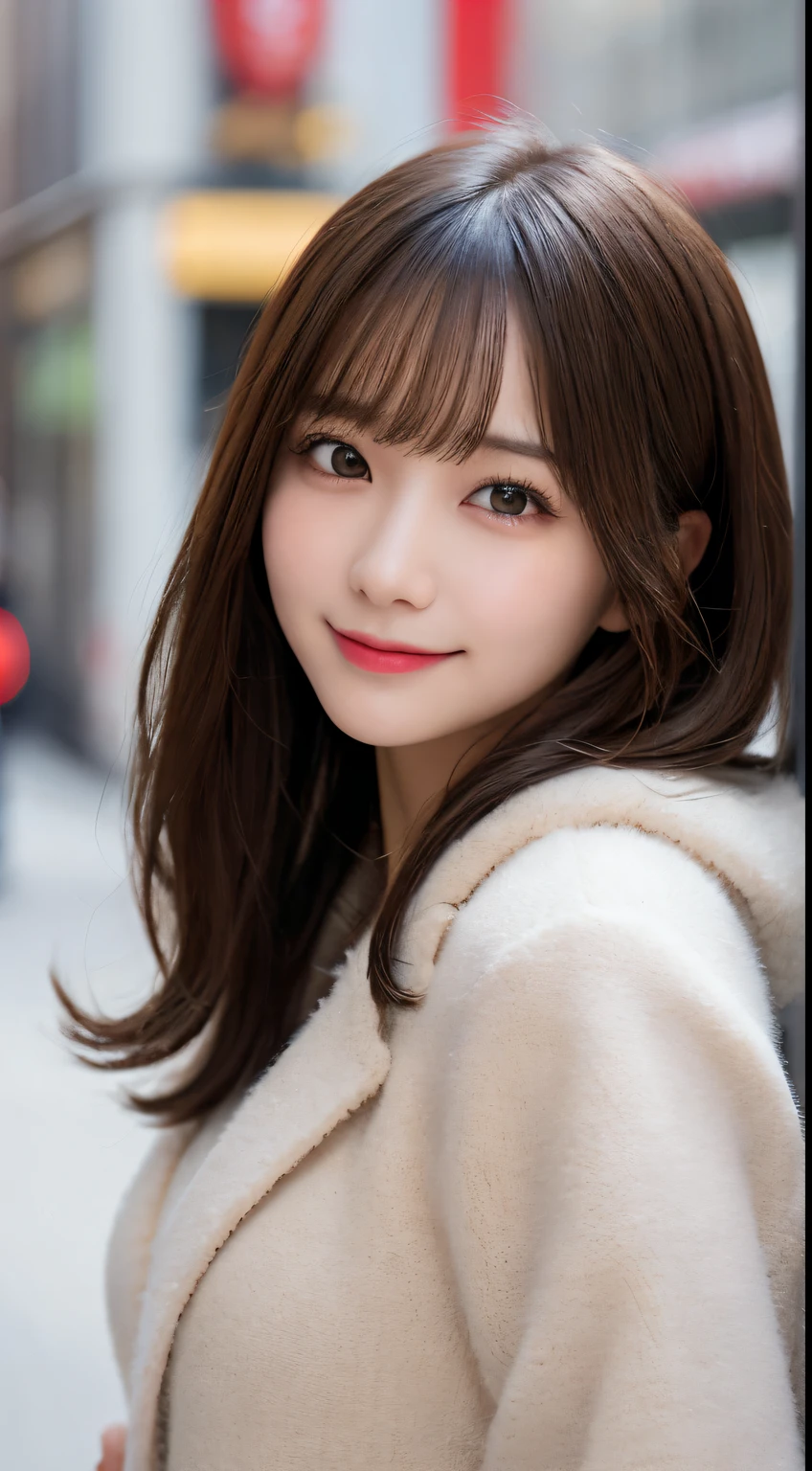 masutepiece, Best Quality, Illustration, Ultra-detailed, finely detail, hight resolution, 8K Wallpaper, Perfect dynamic composition, Beautiful detailed eyes, fluffy winter clothes,Medium Hair,Small breasts natural color lip, Bold sexy poses,Smile,Harajuku、20 years girl、Cute、Sexy shot looking at camera,Blur the background,Perfect and beautiful face,Take only the face,beautiful and detailed face,slim face and style