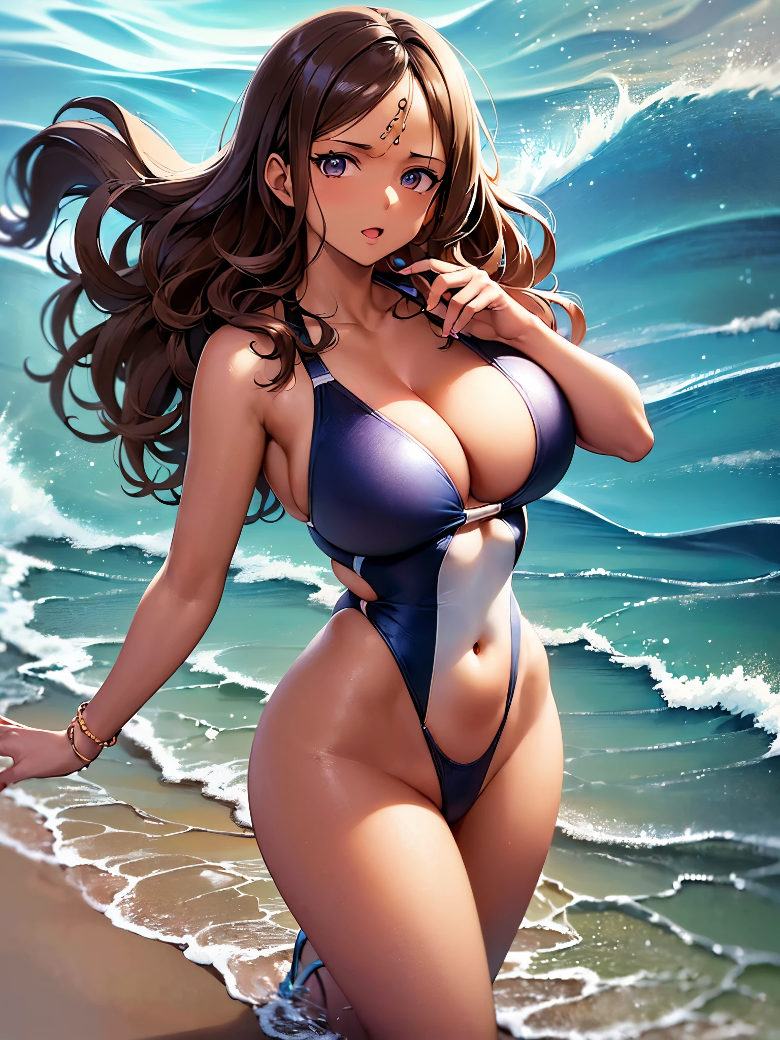 ((highest quality)),(ultra high resolution),(Super detailed),(detailed description),((best CG)),(best work of art),super precision art,great drawing art,(Works with precise details:1.5), (1 woman:1.6),(brown skin:1.8),(beautiful and well-shaped face:1.5),Bursting smile:1.7,(wavy hair:1.6),glamorous body:1.7,lace up sandals:1.6,(Detailed and detailed depiction々one piece swimsuit in different colors:1.7), Scorching sun:1.3,The ocean as far as the eye can see:1.5