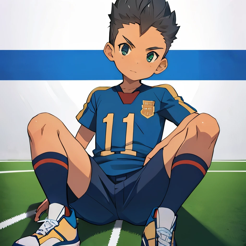 Kid boy,  boy, wear football uniform, open widely leg, sit pose, front , football pant