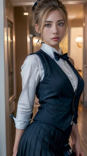 (highest quality、 8K、 High resolution、 realistic:2.0)、(correct anatomy:1.5)、(The exact number of fingers:1.5)、(Highly detailed skin texture:1.1)、
1 Japanese woman、clerk、Transcendently beautiful、24-years-old、bow、wear buttoned clothes、The strong wind from the blower blows her(((I lifted the hem of my pleated skirt:1.0)))、((Show me your panties))、(Surprised and panicked look)、(blonde hair, But my hairline is black)、One bun hair、( (navy blue cloth vest))、((Navy Blue Mini Skirt))、Wight long sleeve cutter shirt、Check bow tie、draw from below、
(High resolution,、bright colors、 Super detailed)、A hallway with slot machines on both sides in the background、look at the camera、