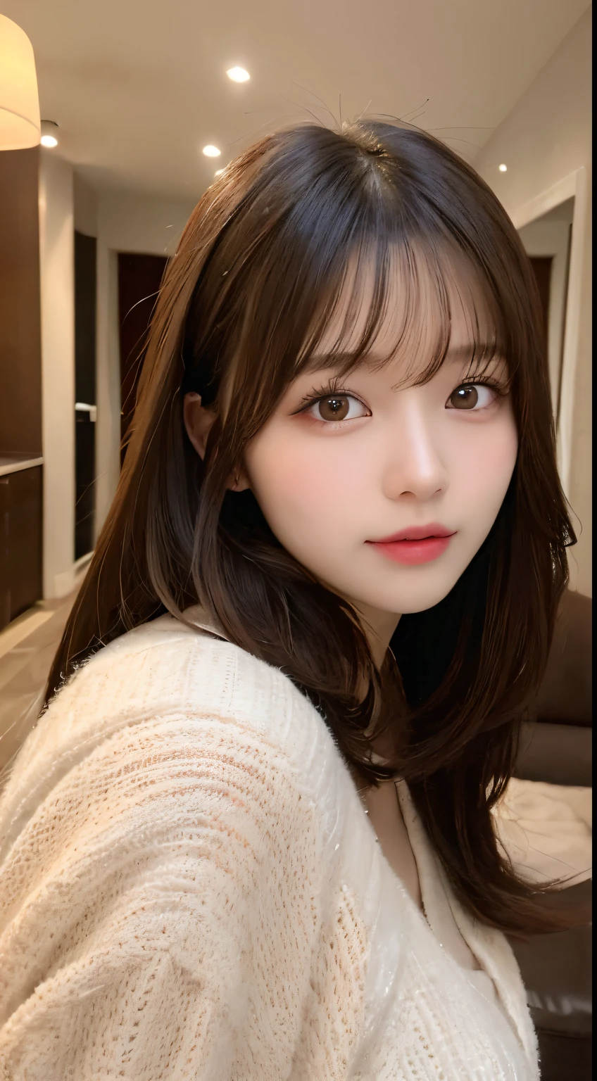 masutepiece, Best Quality, Illustration, Ultra-detailed, finely detail, hight resolution, 8K Wallpaper, Perfect dynamic composition, Beautiful detailed eyes, Fluffy and warm winter clothes(Randomly change clothes color),Cute hairstyles,,Natural Color Lip, Bold sexy poses,Downcast,luxury home living room、20 years girl、Cute、Sexy look looking at the camera,Blur the background,Perfect and beautiful face,Take only the face,beautiful and detailed face,Raw photo,gal make