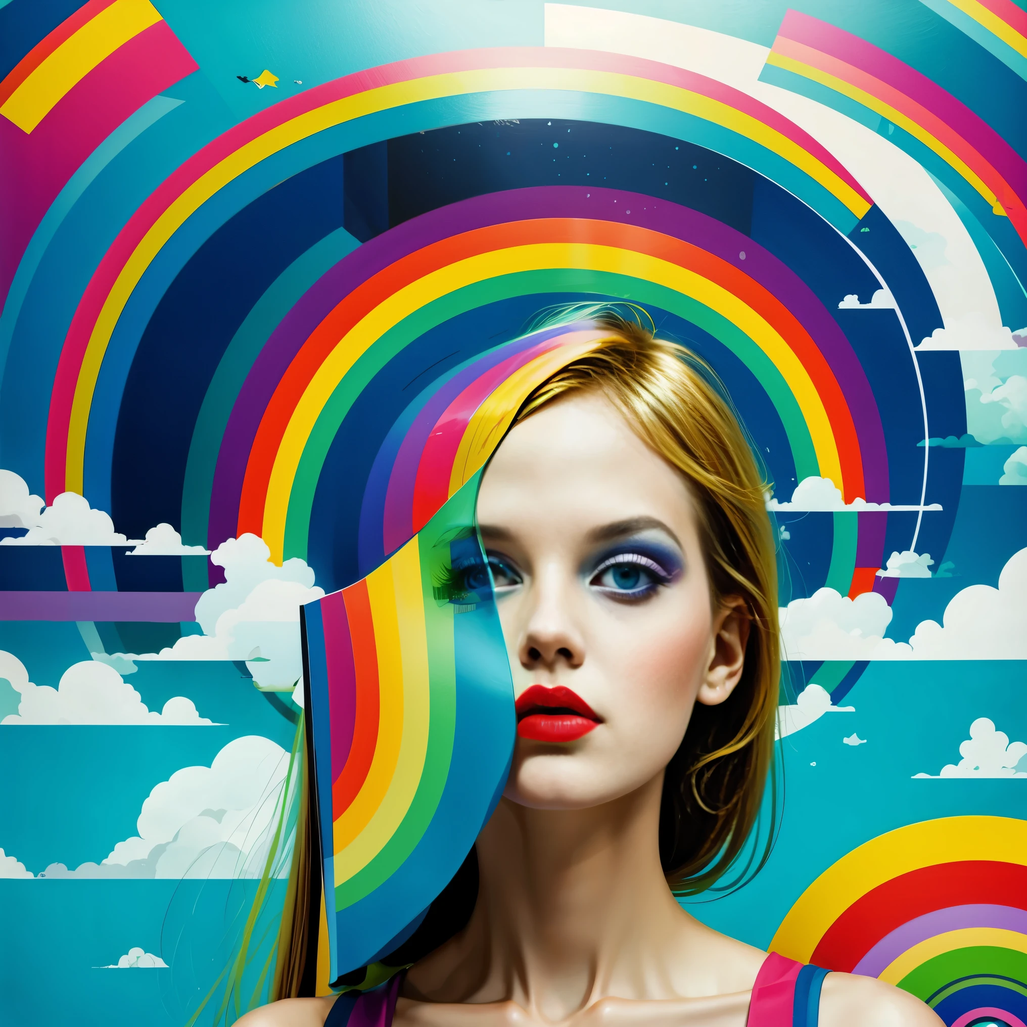 (masterpiece, best quality:1.2), 1 girl, alone,Abstract surreal colors, popular geometric surrealism, rainbow colored dreams