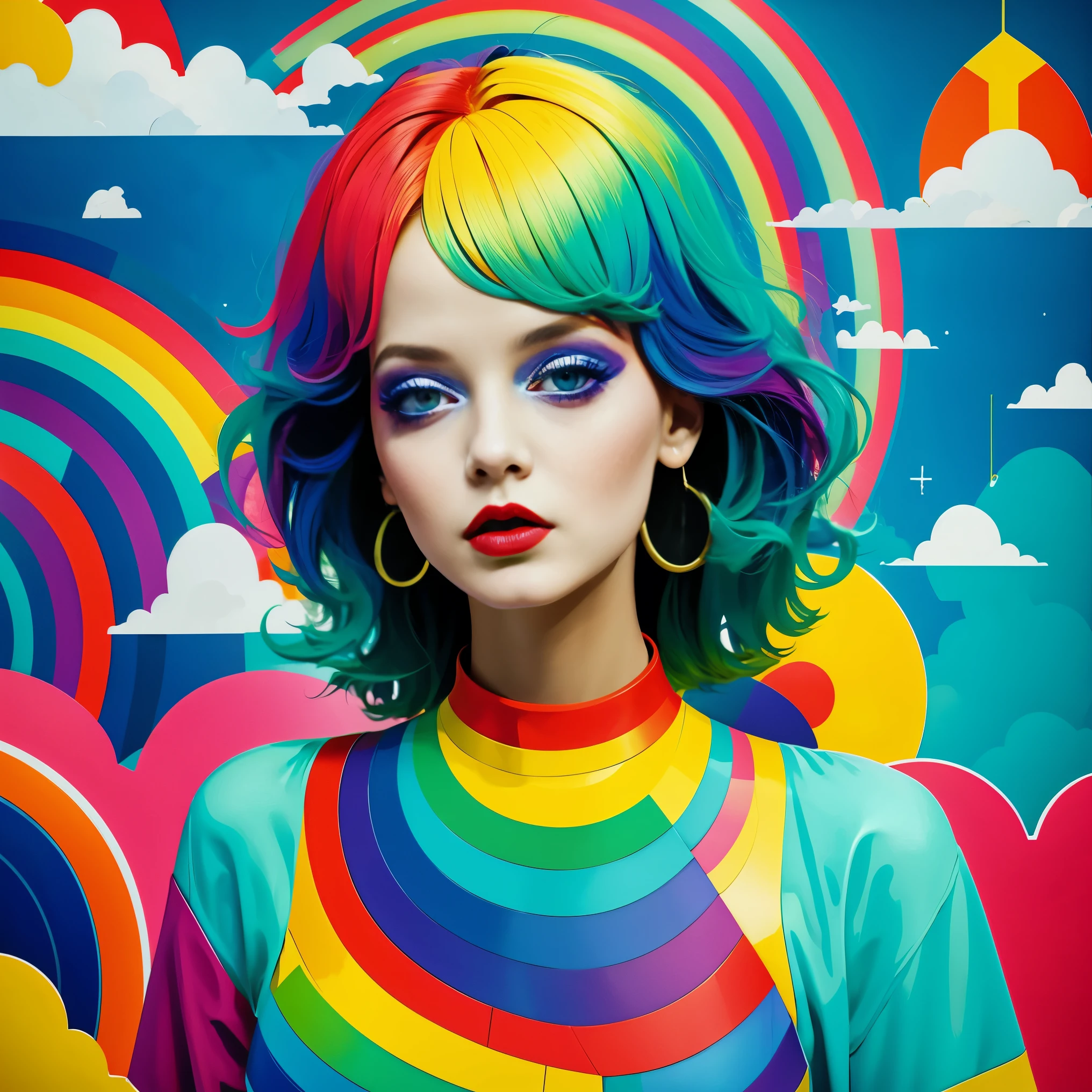 (masterpiece, best quality:1.2), 1 girl, alone，Abstract surreal colors, popular geometric surrealism, rainbow colored dreams