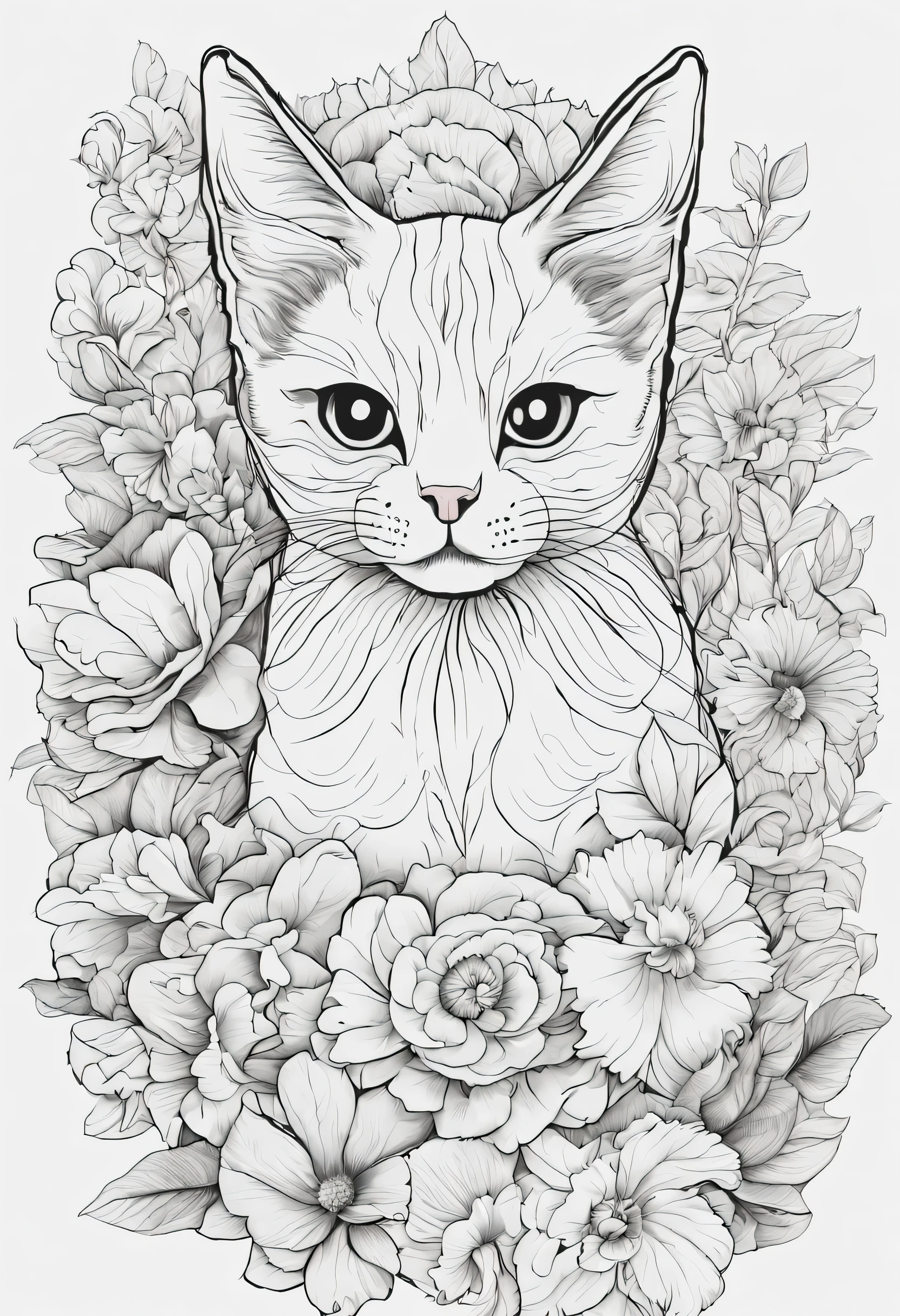 Detailed coloring book for adults with cat and flower themes, Consists of black lines on a white background.、No shading gradation