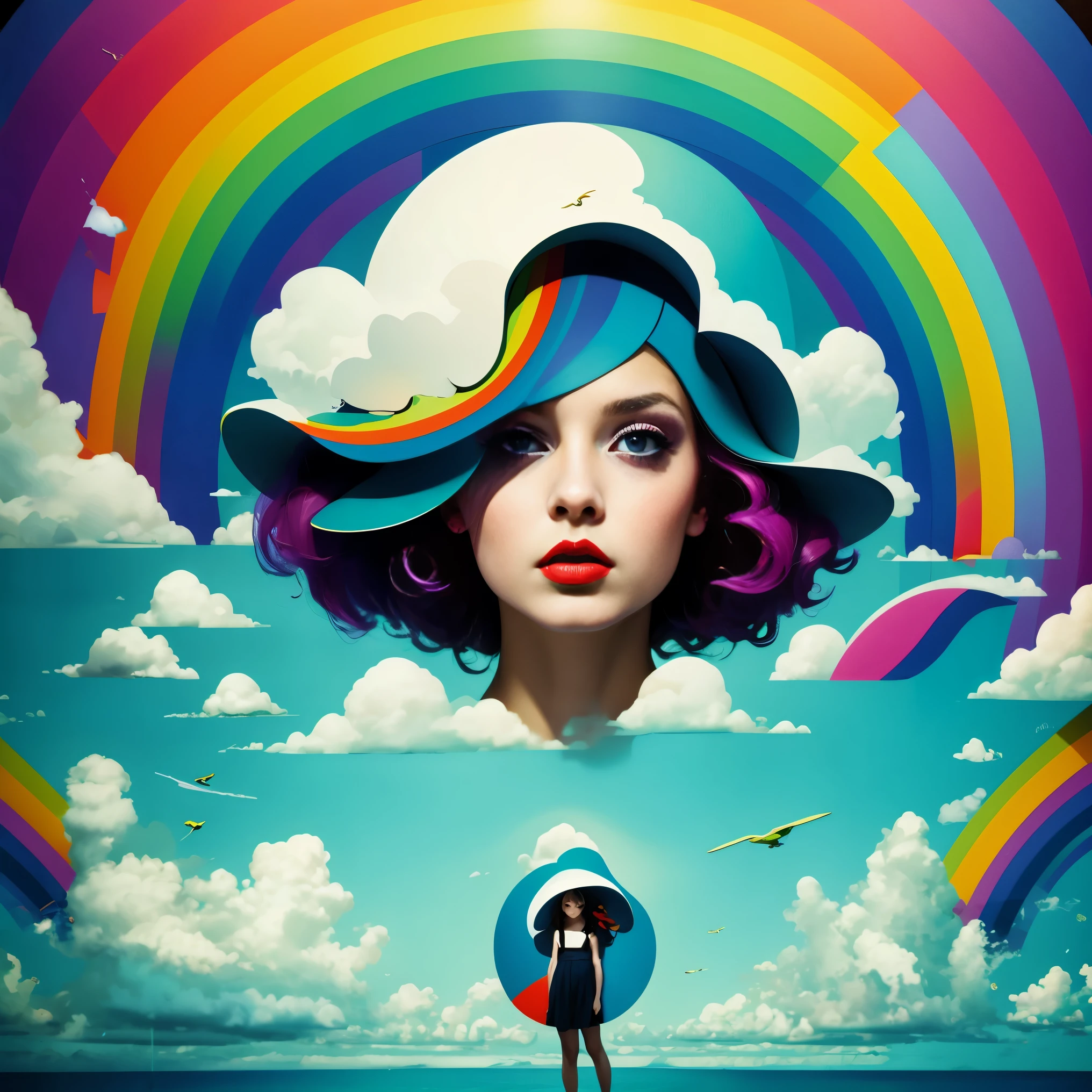 (masterpiece, best quality:1.2), 1 girl, alone，Abstract surreal colors, popular geometric surrealism, rainbow colored dreams