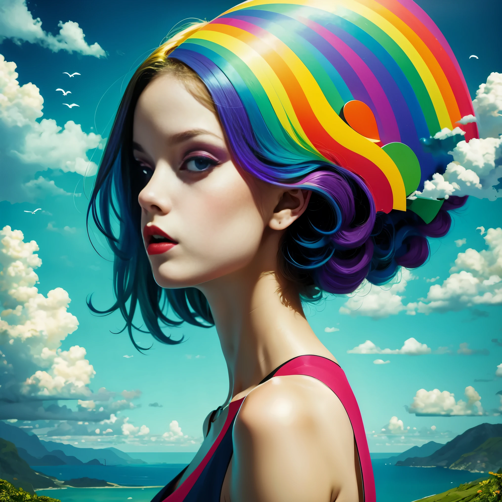 (masterpiece, best quality:1.2), 1 girl, alone,Abstract surreal colors, popular geometric surrealism, rainbow colored dreams