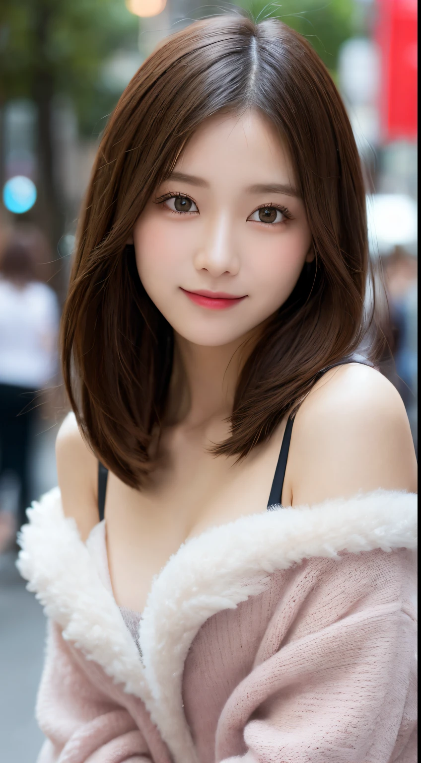 masutepiece, Best Quality, Illustration, Ultra-detailed, finely detail, hight resolution, 8K Wallpaper, Perfect dynamic composition, Beautiful detailed eyes, Women's fashion fluffy winter clothes,Medium Hair,Small breasts natural color lip, Bold sexy poses,Smile,Harajuku、20 years girl、Cute、Sexy shot looking at camera、Blur the background、slim face and style