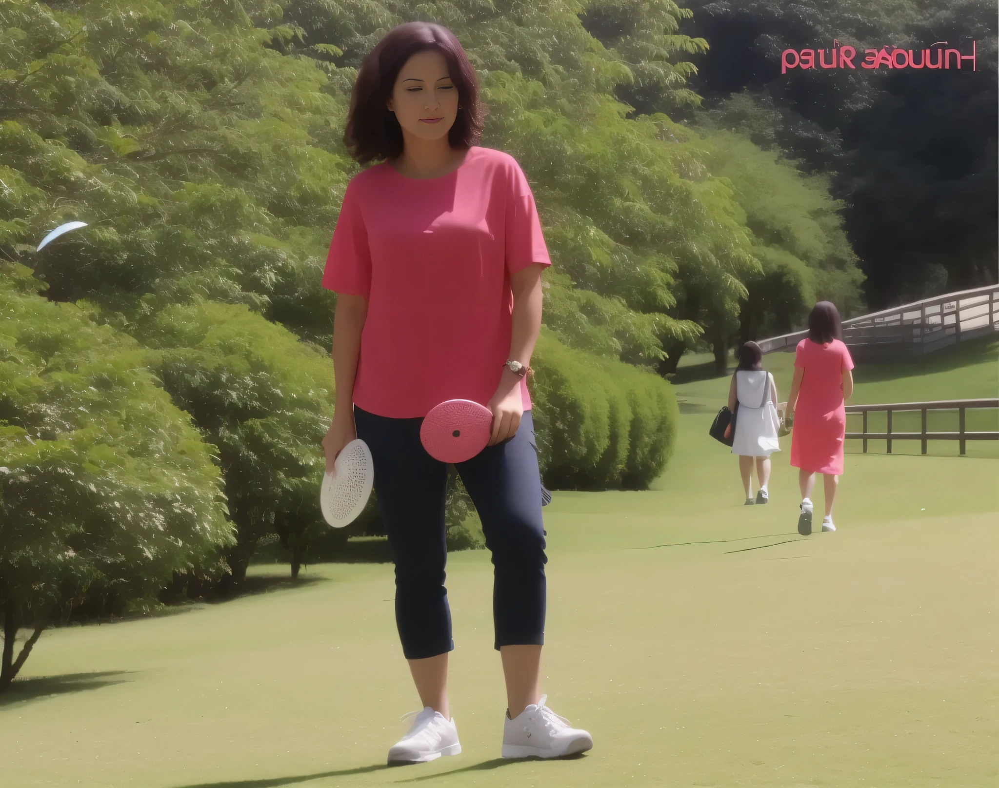 There's a woman standing in a field with a frisbee, em um parque, em um parque, do not park, do not park, Parque em segundo plano, walking do not park, com um parque ao fundo, cerca de 35 anos, attacking the camera :4, em um parque da cidade, fora, do not park on a beautiful day