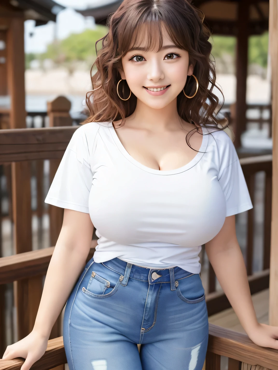 8K, highest quality, real image, intricate details, Super detailed, ultra high resolution, depth field,(realistic,realistic:1.2), (black eye), From the middle, 1 Girl Japan, very beautiful 17 year old girl, Big eyes, beautiful breasts:1.5、highly detailed eyes:1.2), (beautiful breasts:1.1), (small breasts:1.4), wavy hair、curly hair、bangs, perfect skin, Fair skin, huge hips, thick thighs, thick legs, cleavage, tight waist, light blush, alone, looking at the viewer, (smile:1.4), (White Round Neck T-Shirt:1.3), (short jeans:1.5)