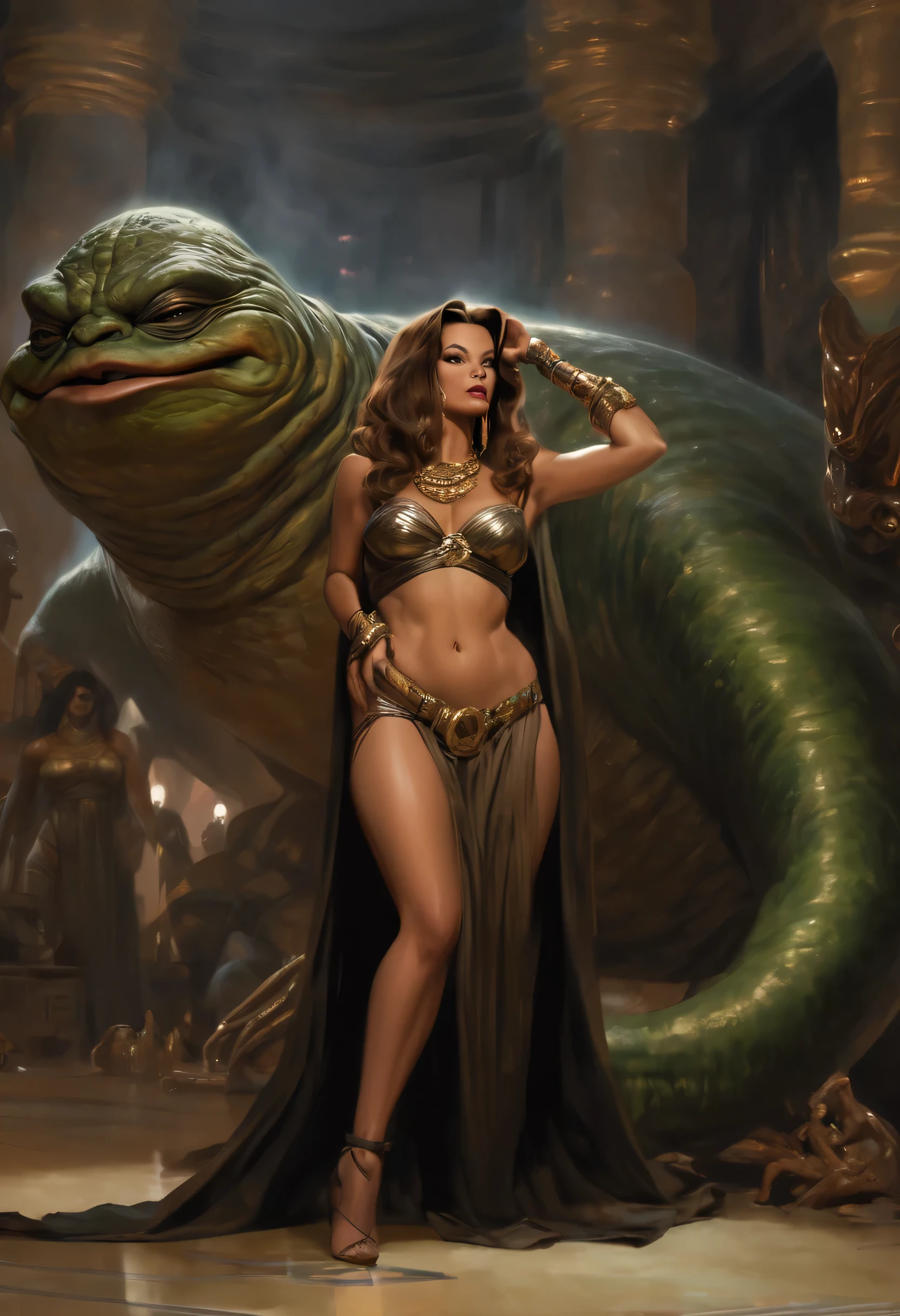 (Best quality:1.1),(Realistic:1.2),(highly details:1.0),(medusa:1.0), 20 year old face, realistic snakes for hair, nude breasts, snake lower body, full body shot, in a dark dungeon, cinematic, trending on artstation, Clyde Caldwell, matte painting, LegendDarkFantasy,