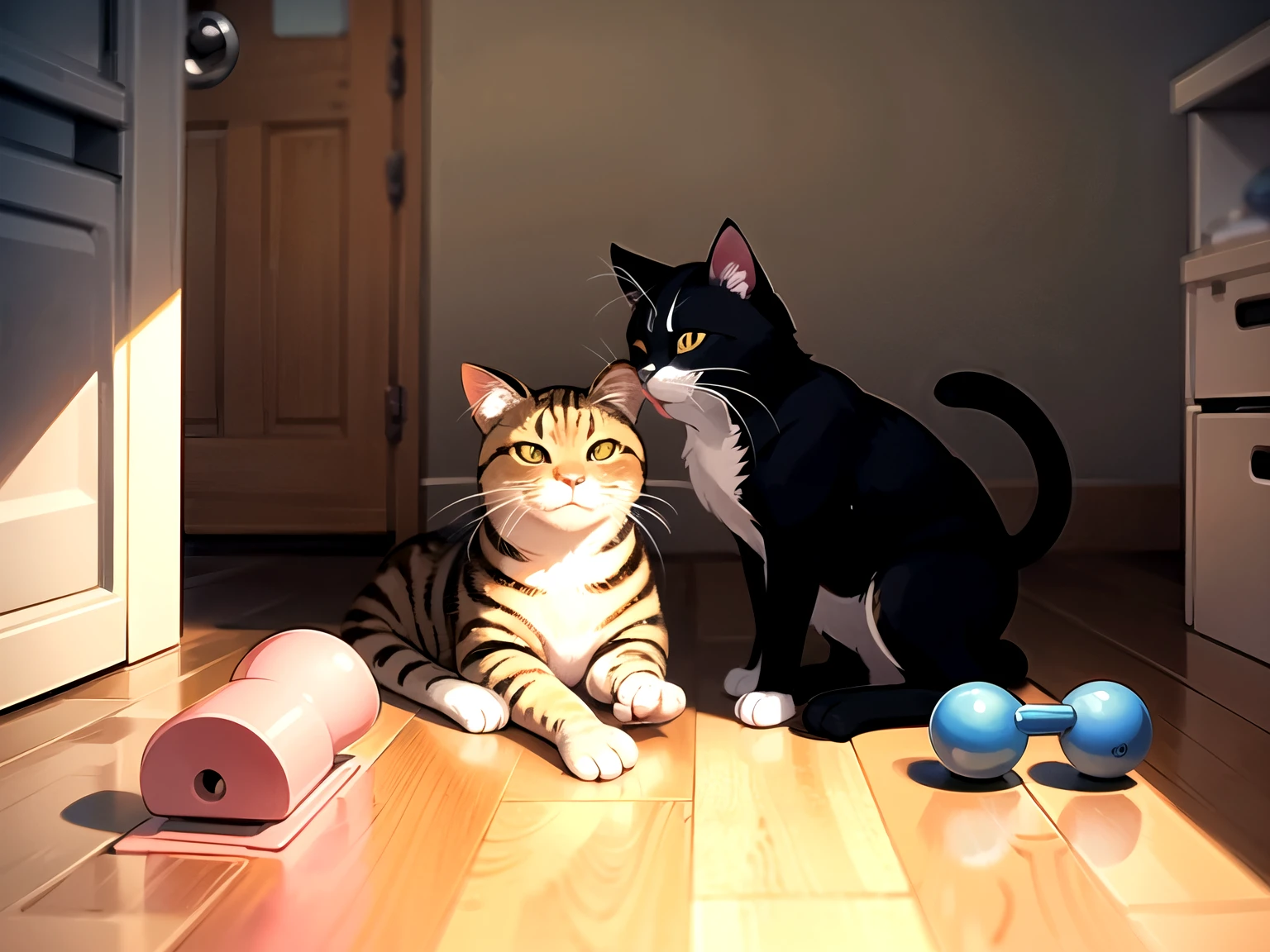 anime illustration、Only cats、The cat is playing with toys inside the house、