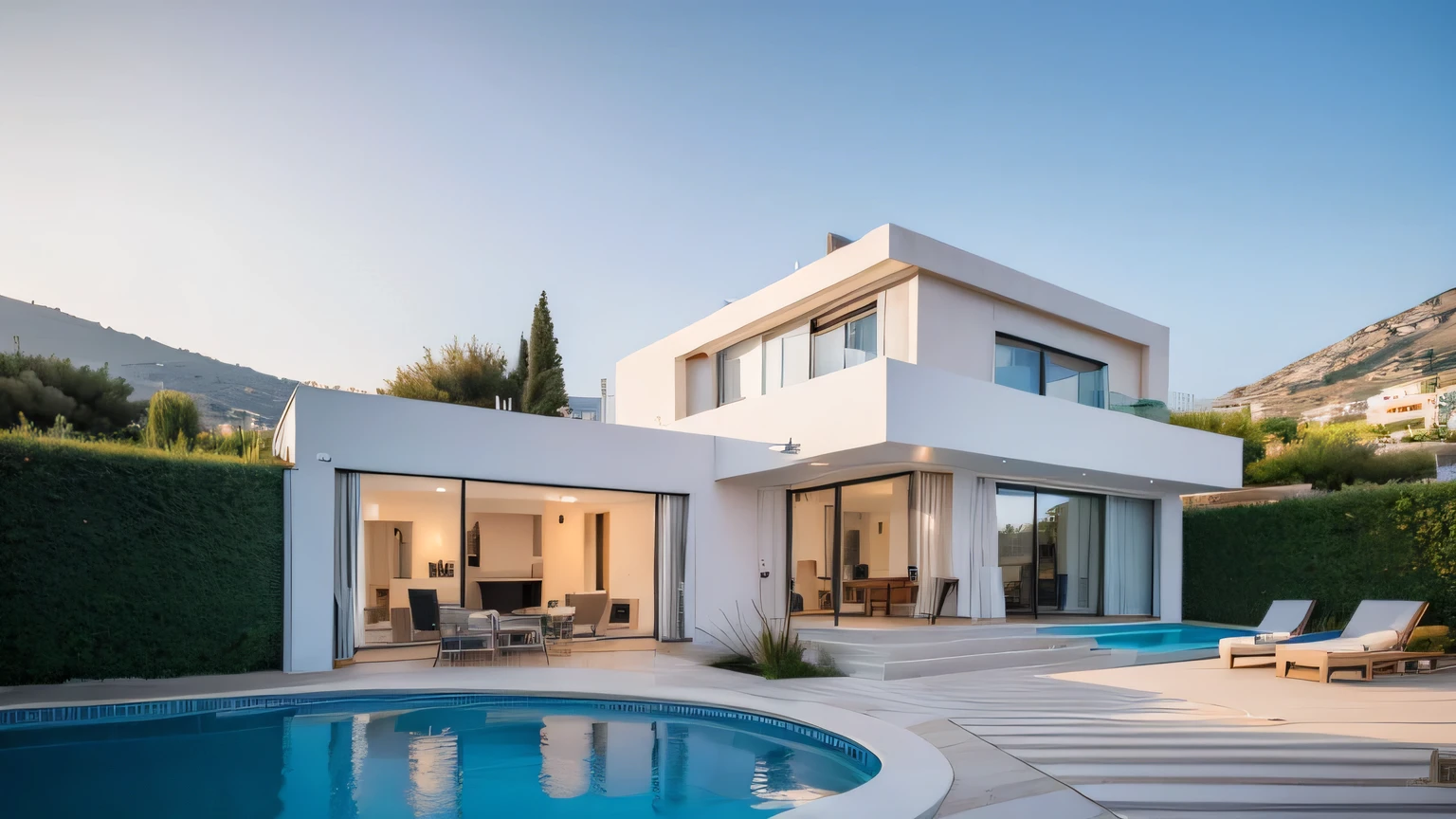 Exterior view of modern villa by the sea in Greece under morning light