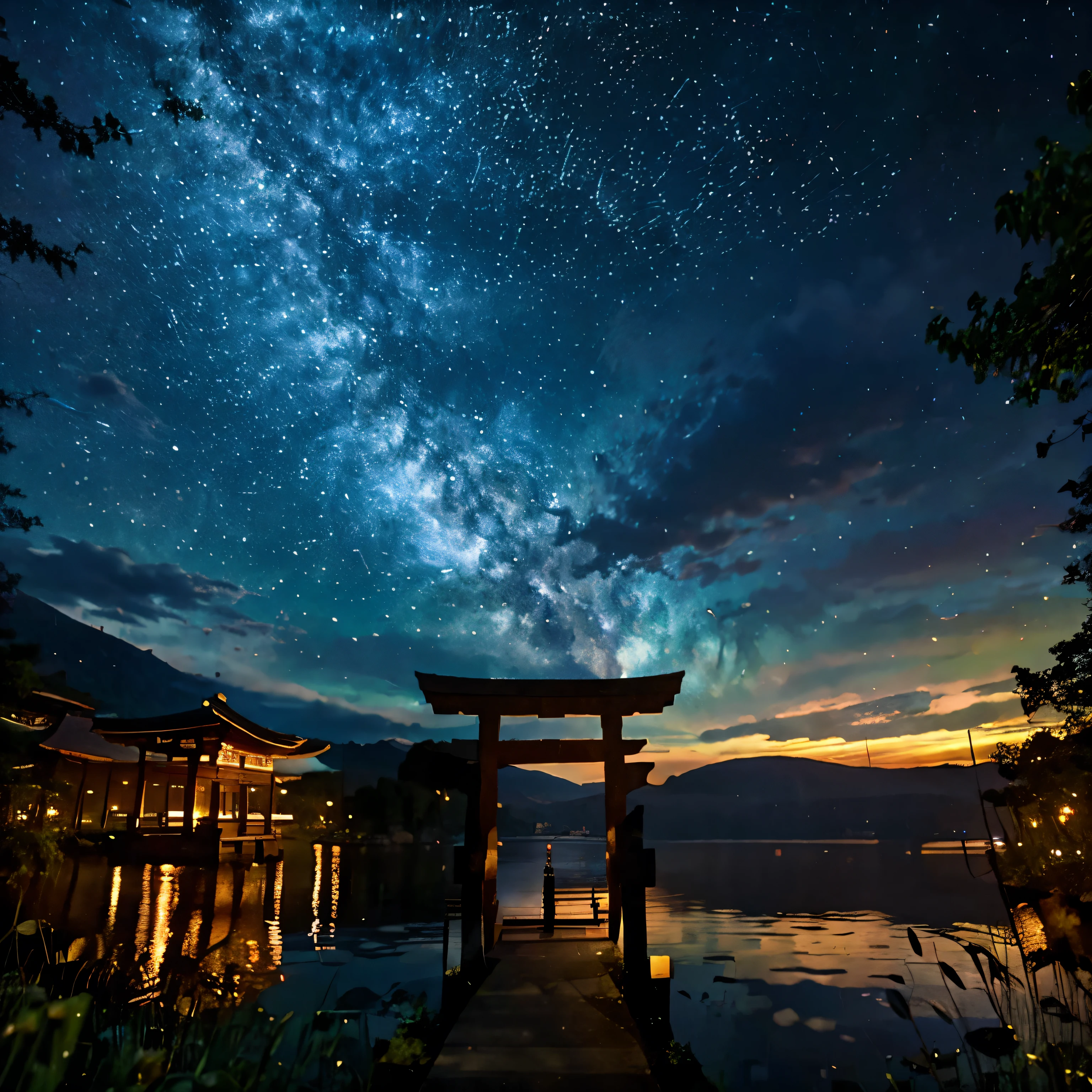 torii in the lake　starry sky　big full moon　Moonlight illuminates the torii gate　big mountain behind the lake々　Mysterious　benefit
