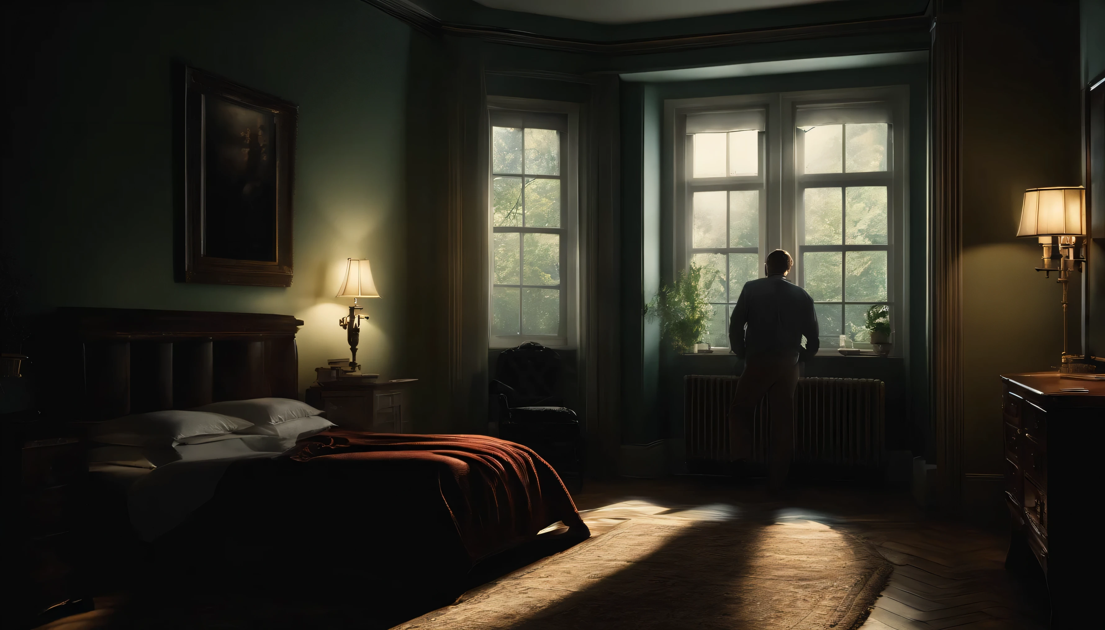 In the darkened bedroom, JOHN lies in bed, surrounded by shadows. The only sound is the faint hum of computer monitors from the next room. Restlessly, he tosses and turns, his mind plagued by the uncertainty of tomorrow. Photography, low-light setting to capture the dimly lit room and JOHN's restless posture,