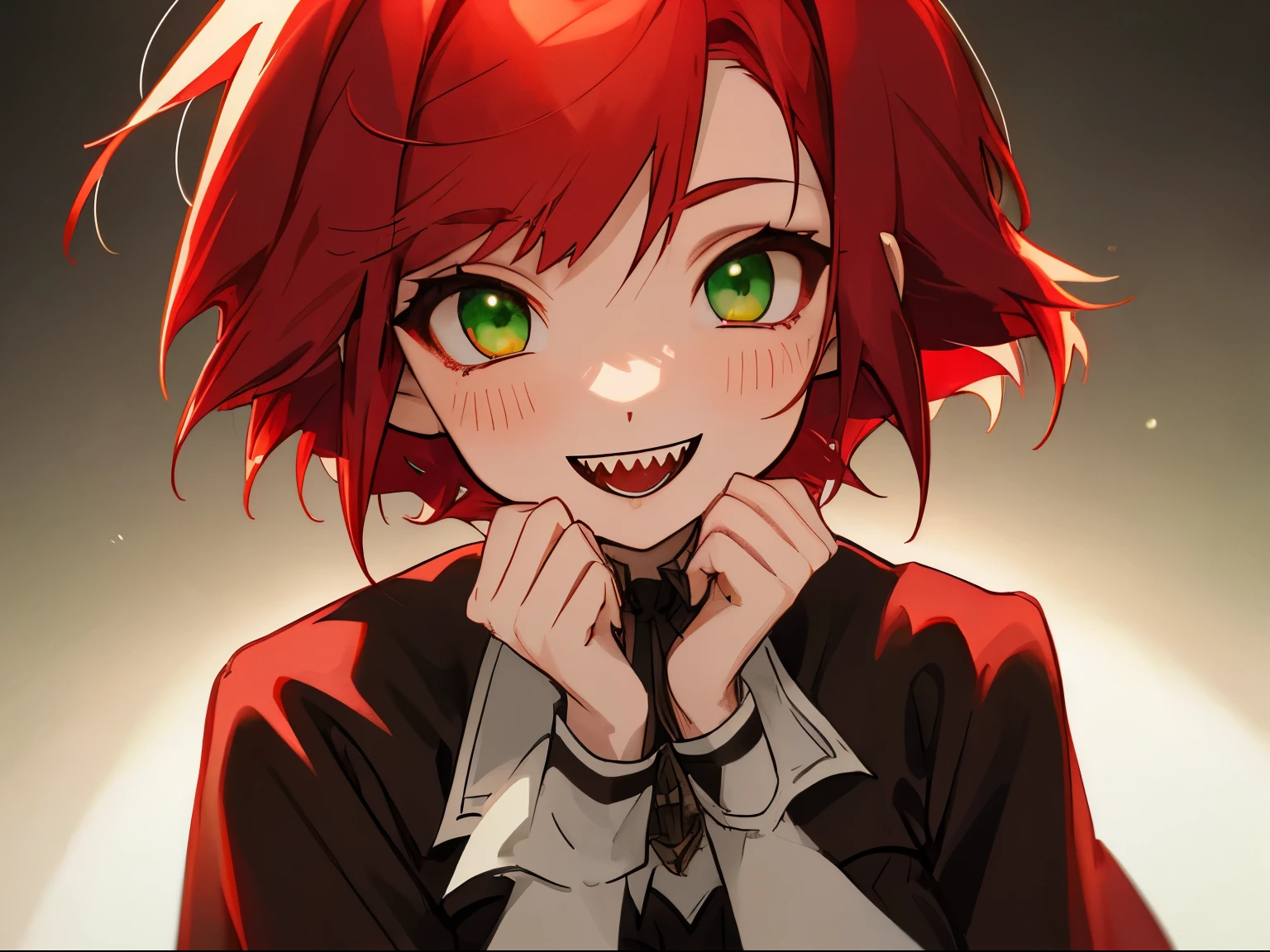 vampire red hair girl green eyes double teeth smile short hair