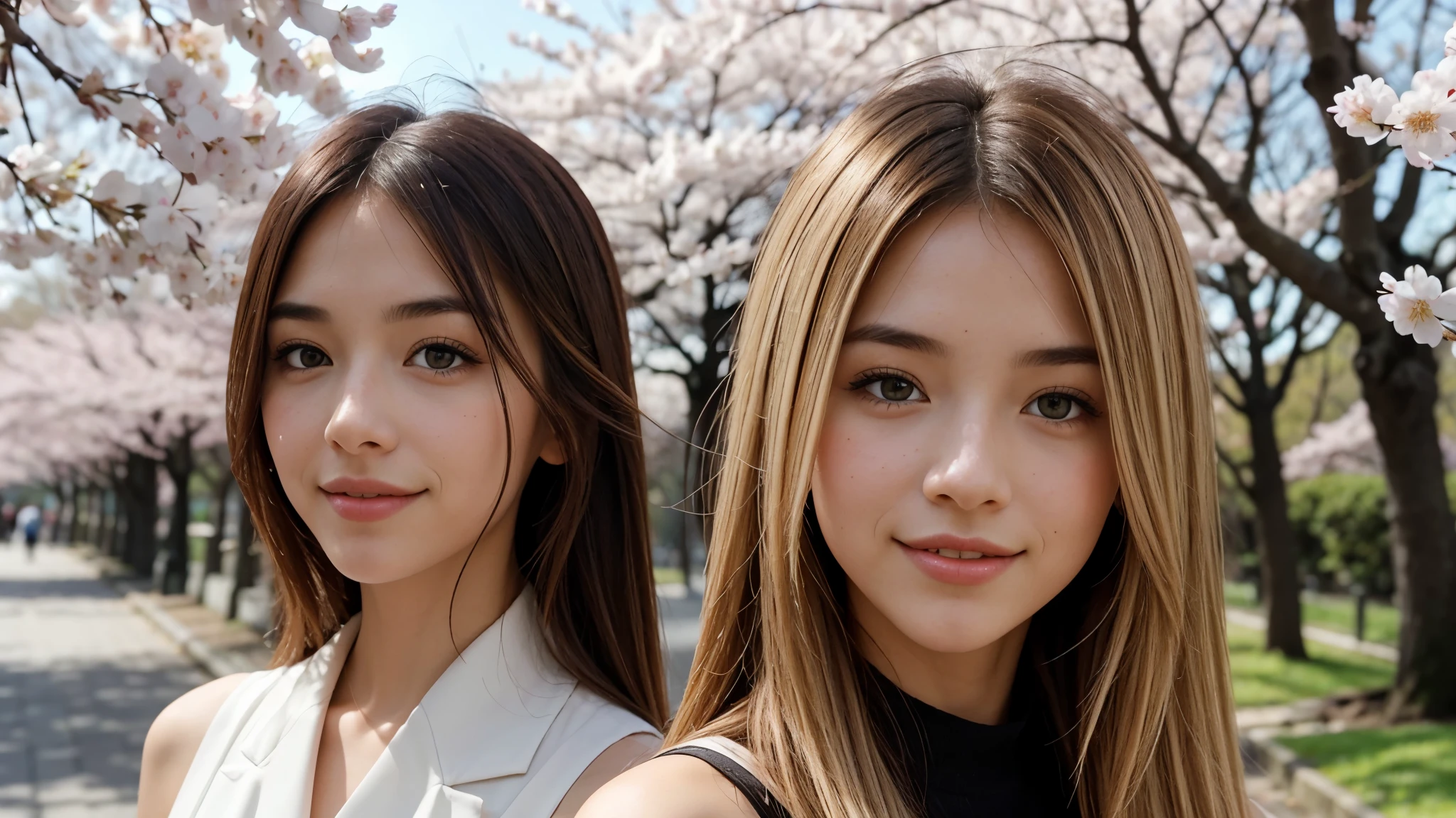 Instagram pictures, a girl, Shoulder length hair, Has light blonde hair, Close-up photo, Take a walk in the park with cherry blossoms, Japan, smile a little,