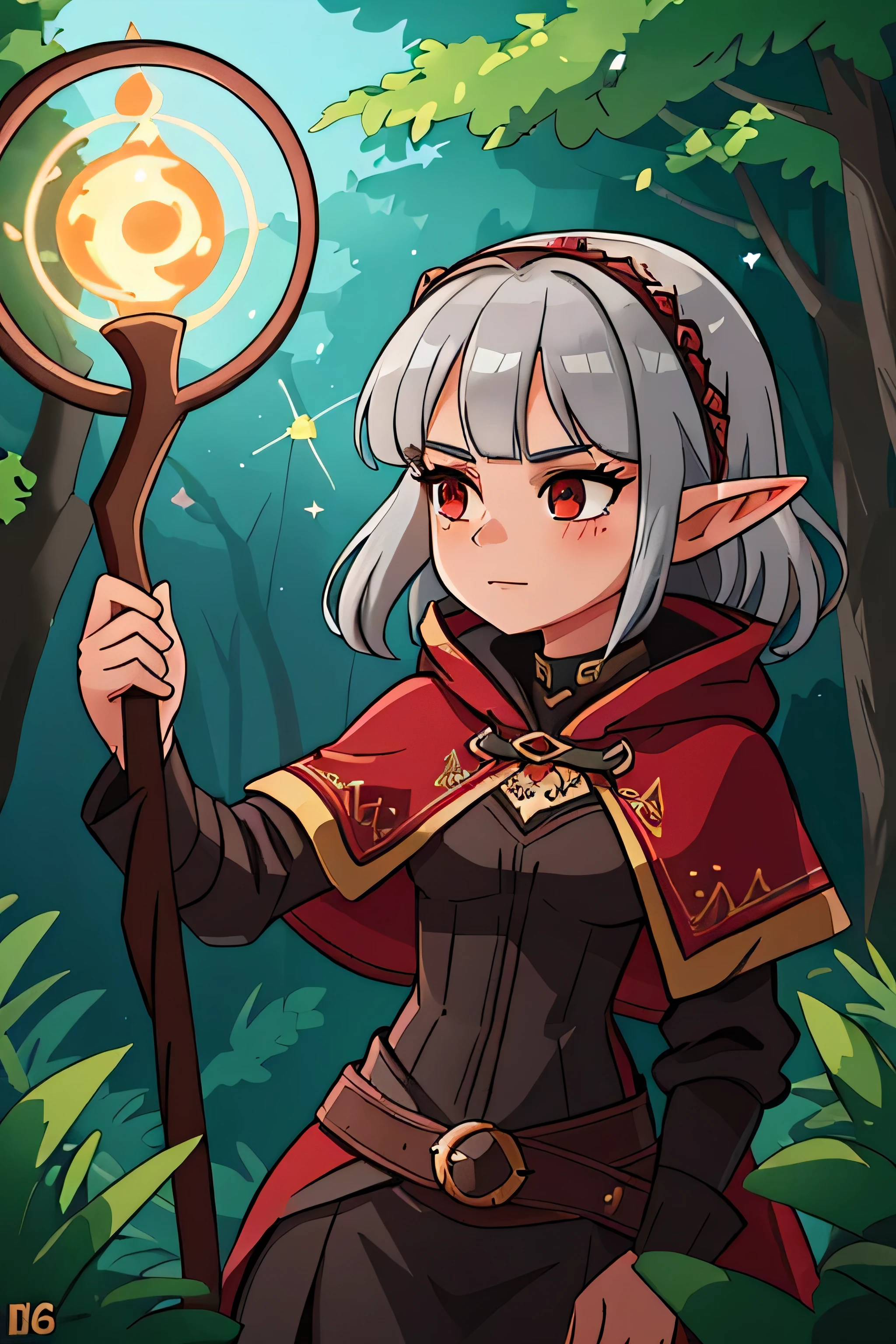 In a magical forest lives a beautiful 16-year-old half-elf with small half-elf ears, seu lindo cabelo prateado brilhante com franja, his eyes are silver and have a cute and charismatic look with silver sparkles, on your beautiful and athletic body. There are several tattoos with dark elves on the back, bras, She wears a gothic style lace dress of elegant medieval wizard nobility with black and red glowing arcane symbols over a red medieval jacket, plus a large brown leather belt and a black hooded cape with glowing arcane symbols, ela está carregando um cajado magical que tem uma pedra mágica brilhante cromática em sua mão, (High definition), (High definition), (8k), ( motor irreal), (alta qualidade), (ultra detalhado), (Criativo), (Full High definition), (profundidade de campo), (papel de parede), (Art Station), (misterioso), (dynamic), (Vivaz), ( multidimensional), (Fantasia), (magical), (sonhe como), (aesthetics), (naturalista), (centrado),