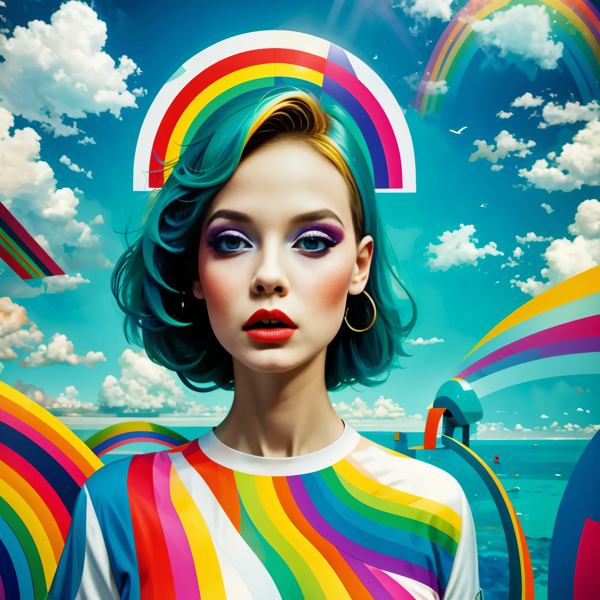 (masterpiece, best quality:1.2), 1 girl, alone,Abstract surreal colors, popular geometric surrealism, rainbow colored dreams